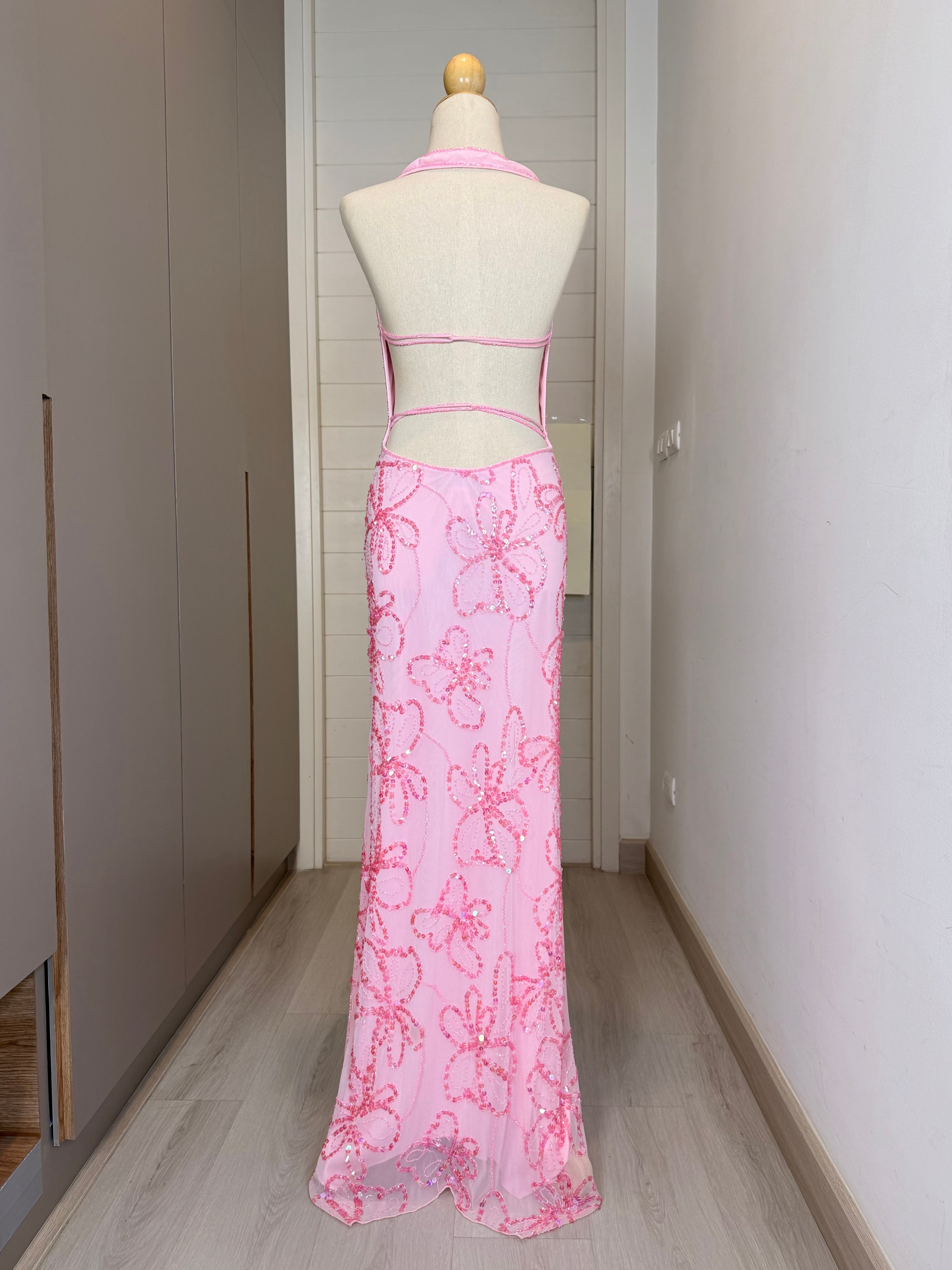 V315 Vintage Attitudes by Debra Pink Hibiscus Sequin Halter Gown (XS-S)