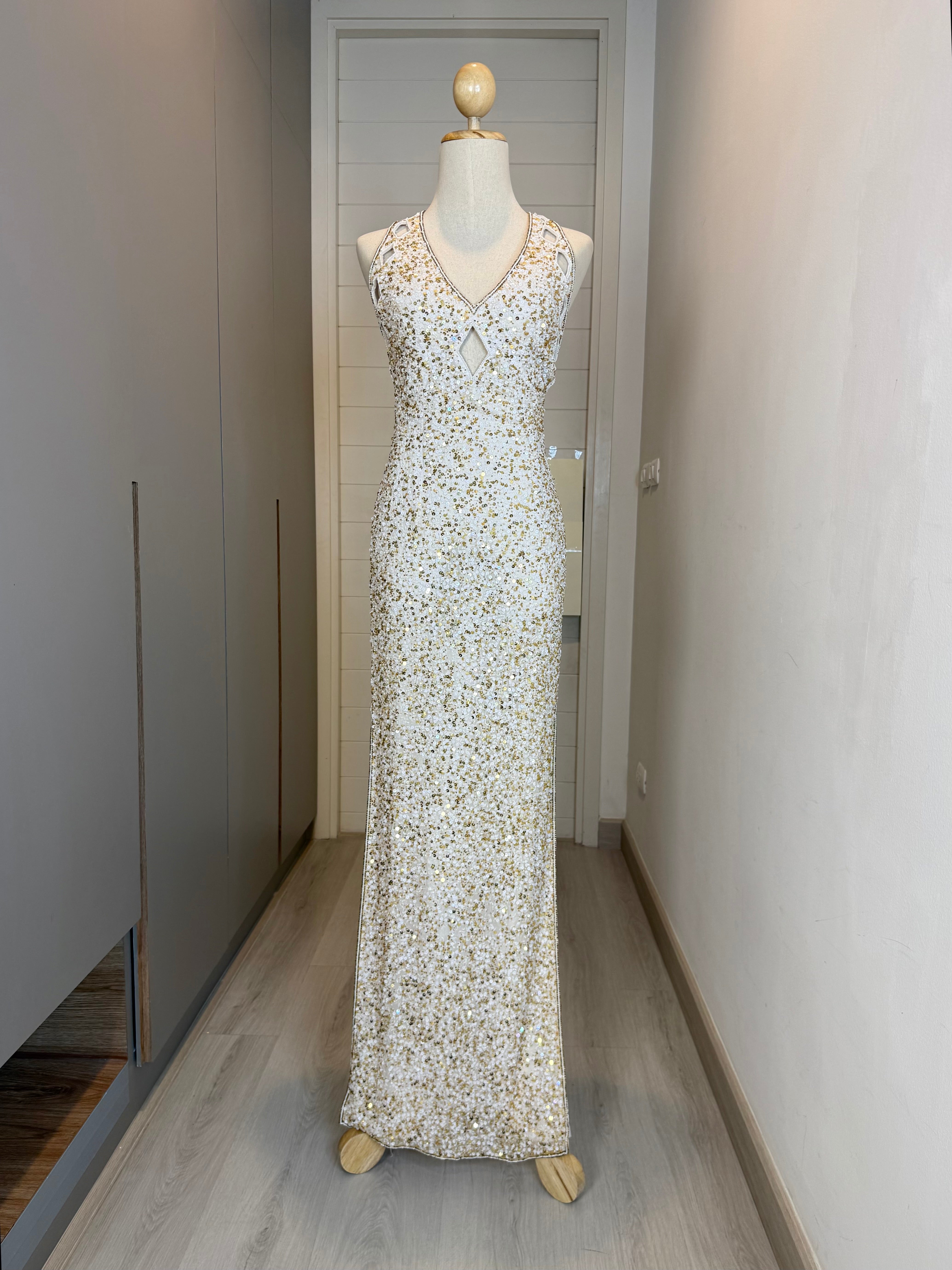 V250 Vintage Scala White & Gold Crystal Column Dress (XS)