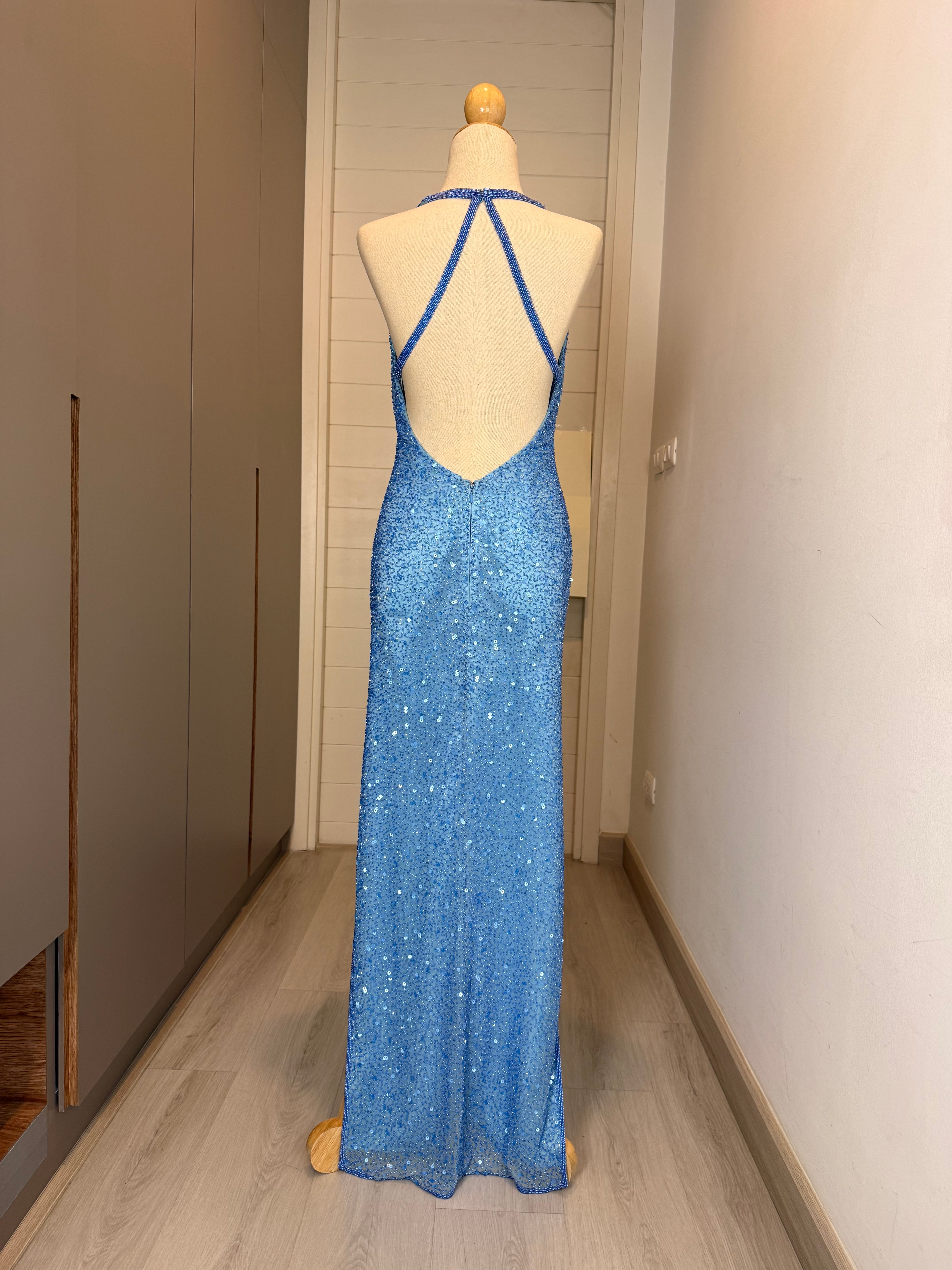 V319 Vintage Scala Crystal Blue Sequin Cowl Neck Backless Gown (S)