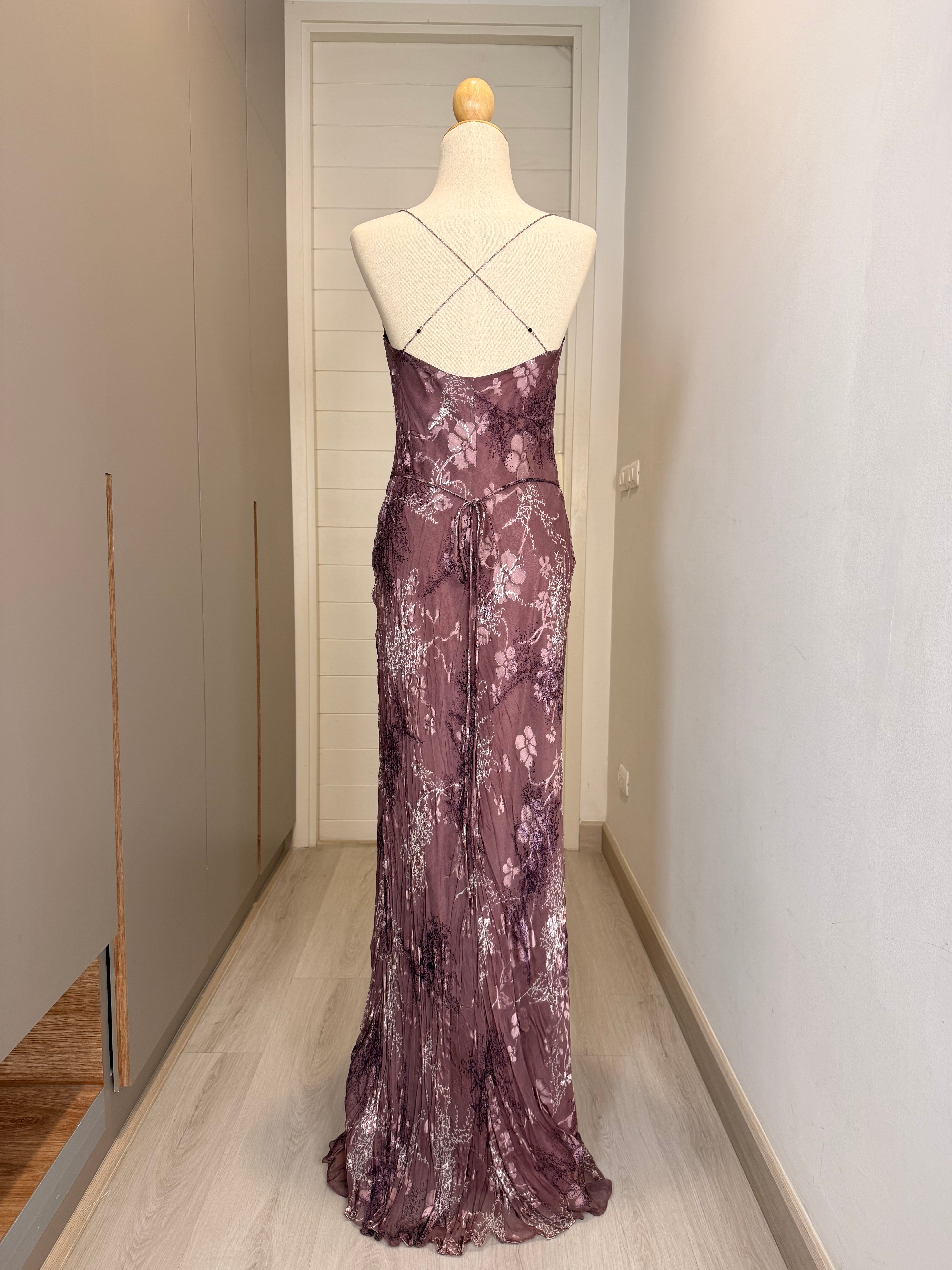 V274 Vintage Muted Plum Blossom Open-Back Gown (XS-S)