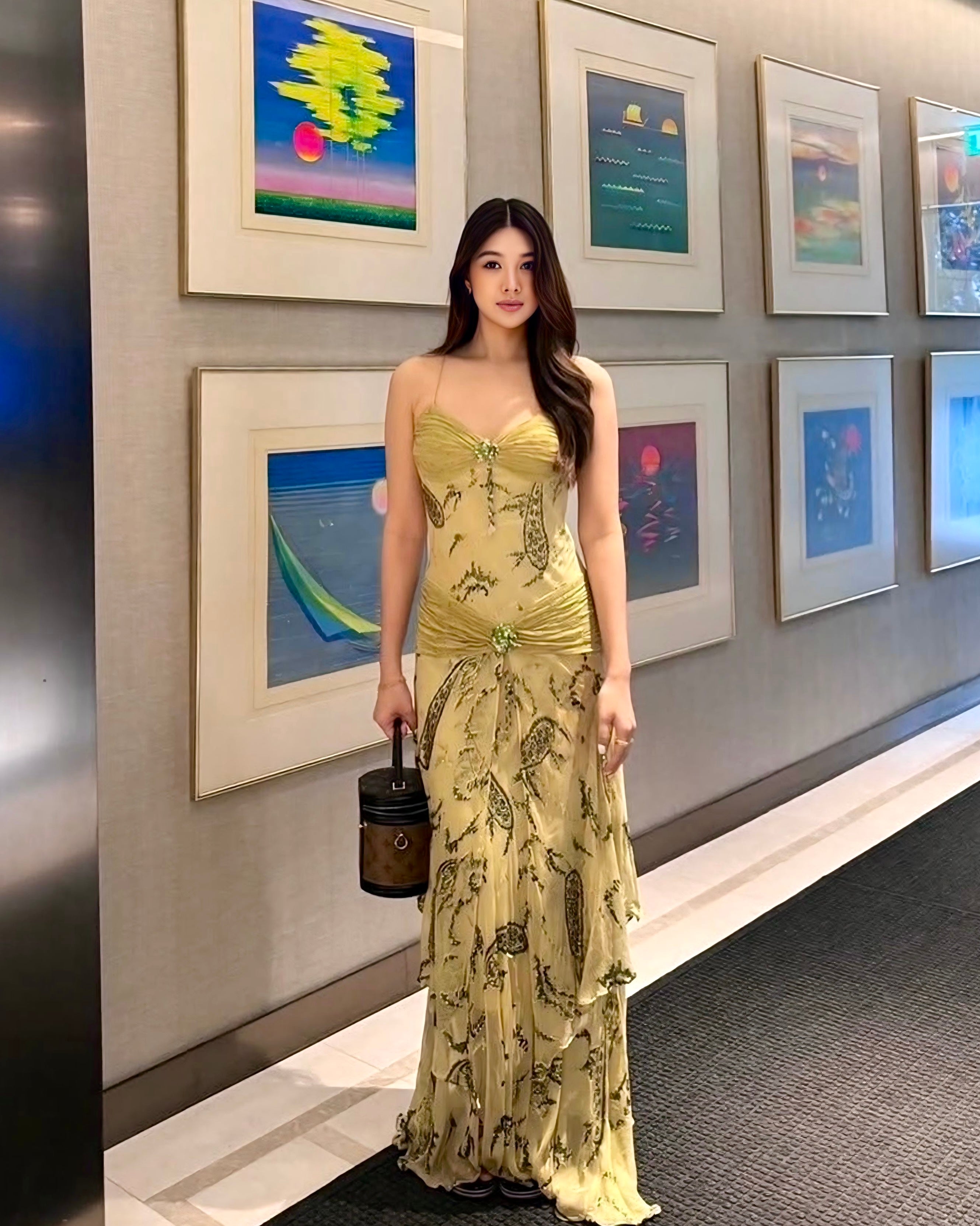 V67 Vintage Super Rare Sue Wong  Boho Olive Green Evening Gown (XS-S)