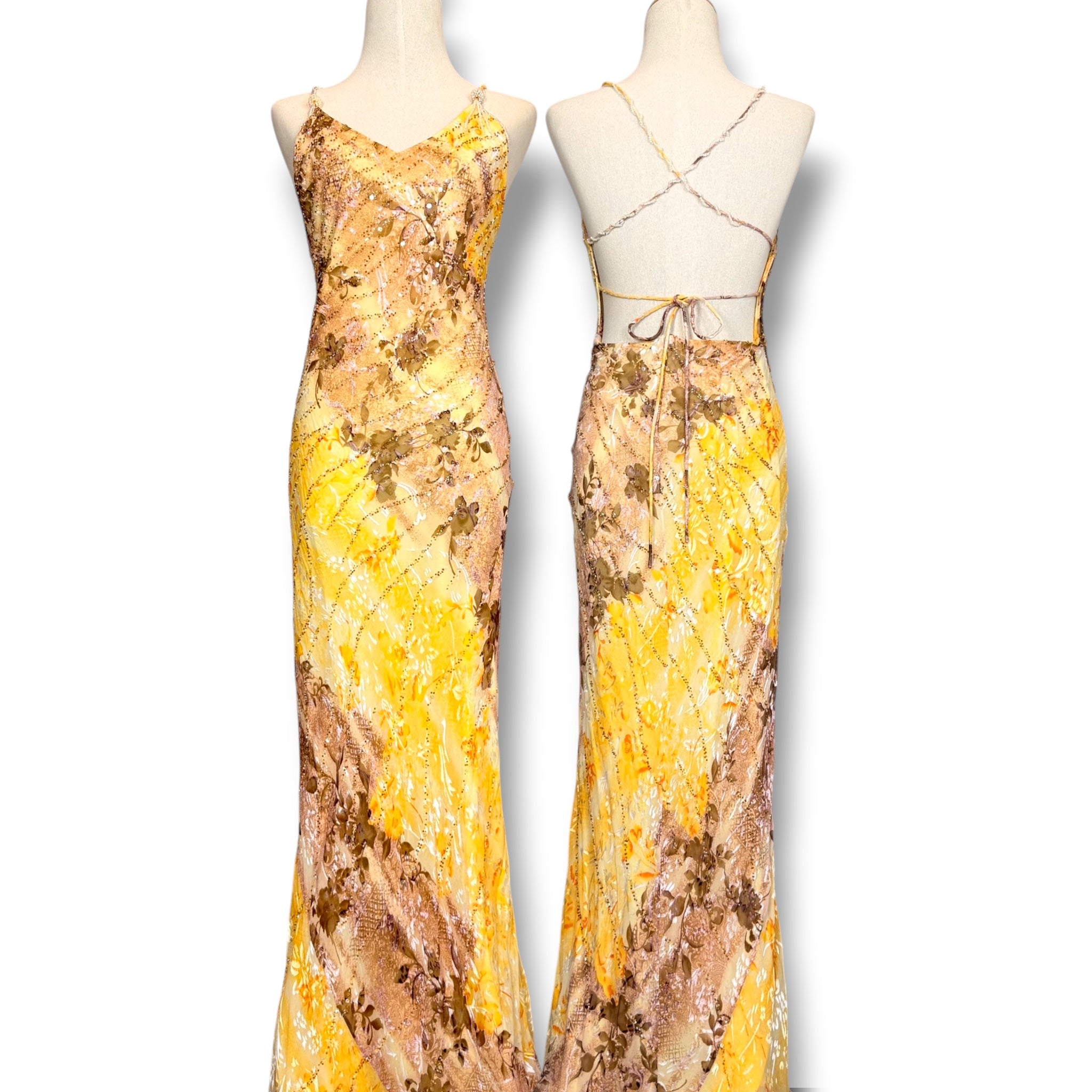 V311 Vintage Sue Wong Golden Garden Silk Gown (XS-S)