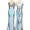V246 Vintage-Style Primavera Iridescent Aqua Sequin Lace-Up Gown (XS-S) สายสานหลังปรับระดับได้