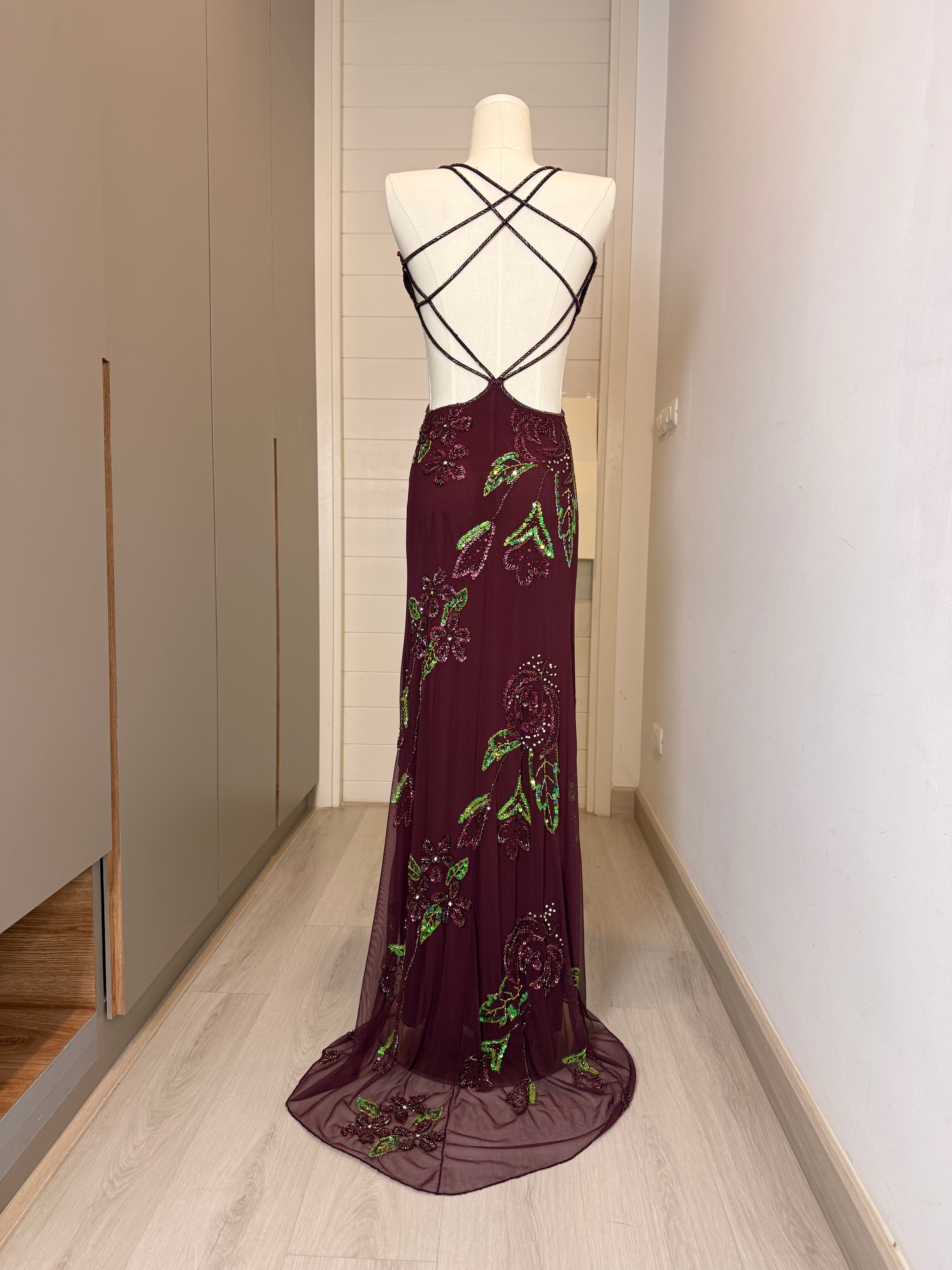 V321 Vintage Attitudes by Debra Burgundy Garden Beaded Strappy Back Gown (XXS)