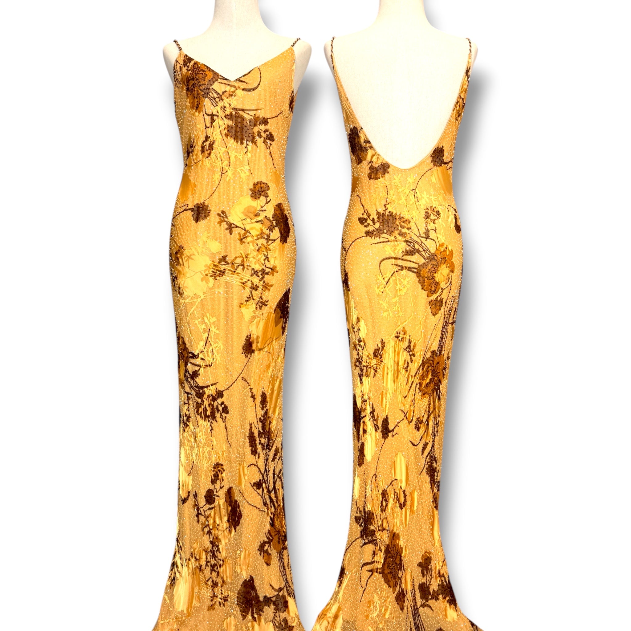 V287 Vintage Golden Meadow Silk Beaded Gown (XS-S)