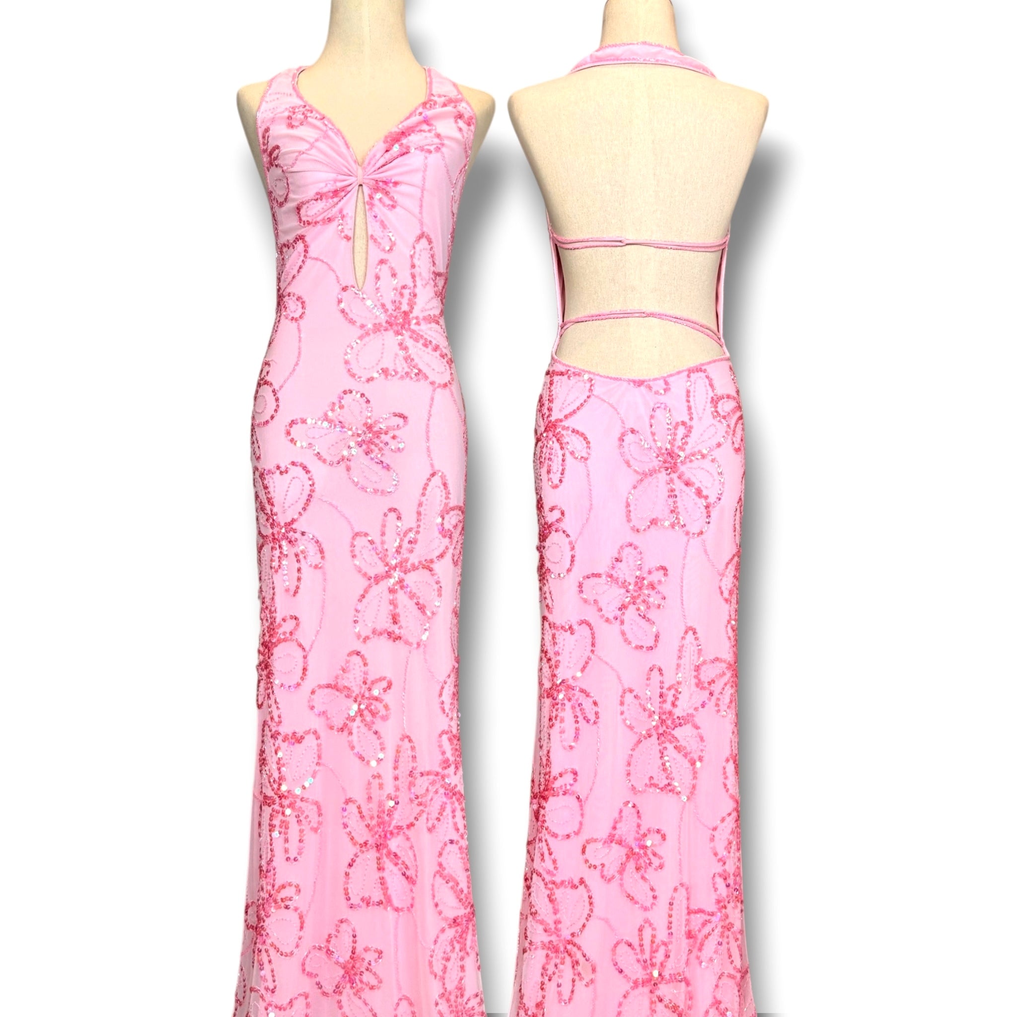 V315 Vintage Attitudes by Debra Pink Hibiscus Sequin Halter Gown (XS-S)