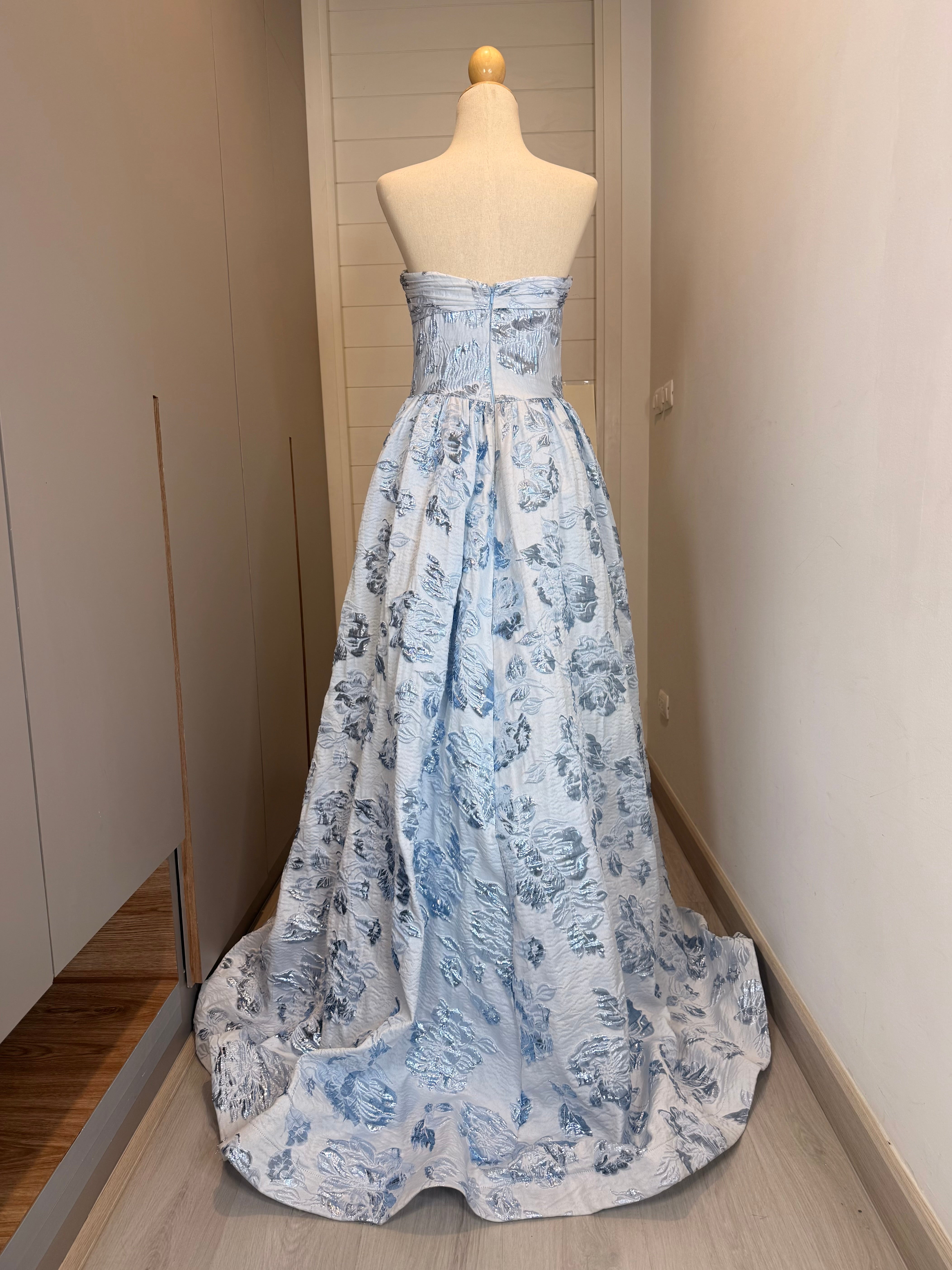 V296 Vintage Style Mac Duggal Silver Mist Floral Ball Gown (XS-S)