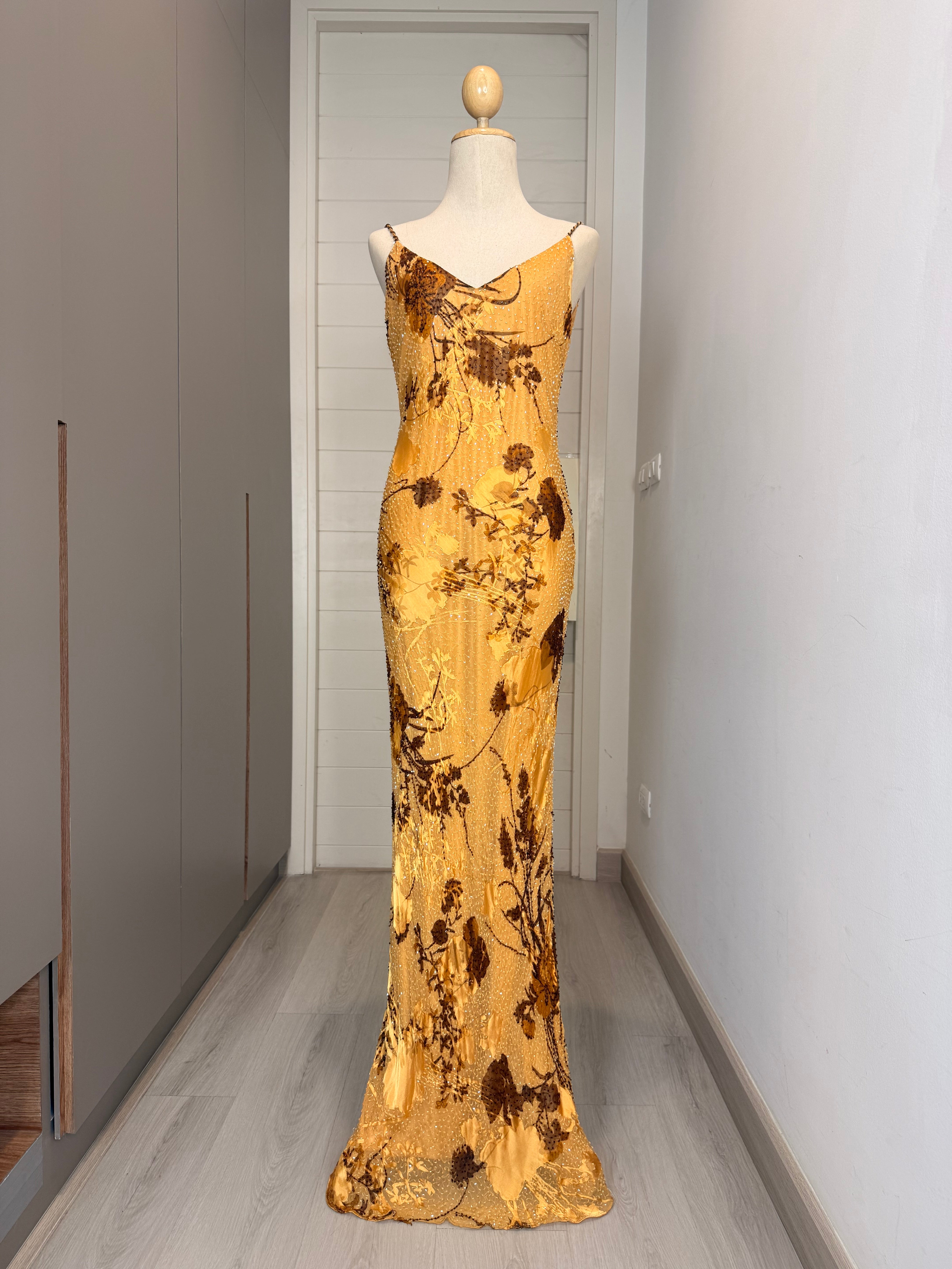 V287 Vintage Golden Meadow Silk Beaded Gown (XS-S)