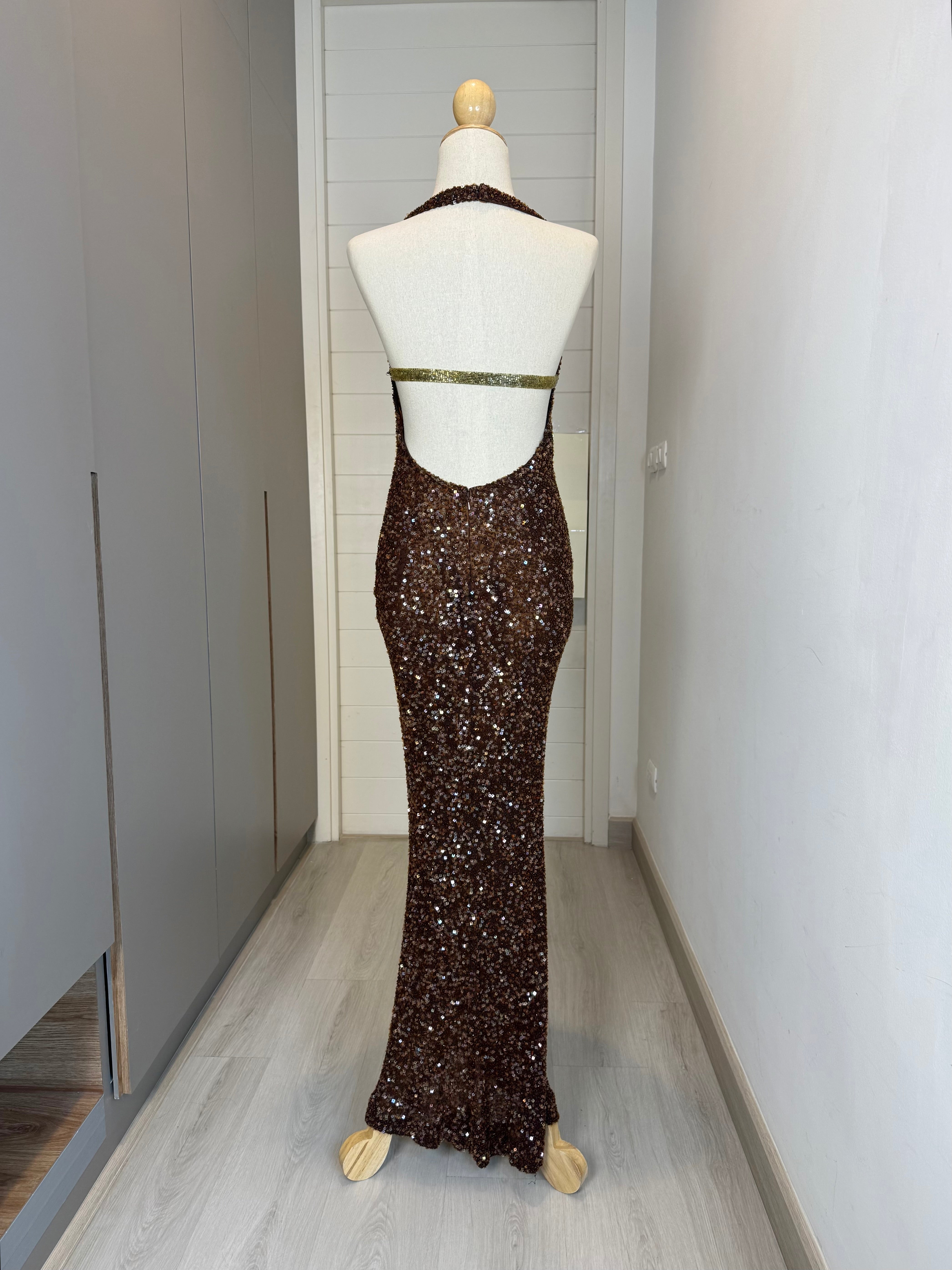 V248 Vintage Scala Chocolate Sequin Halter Gown (S)