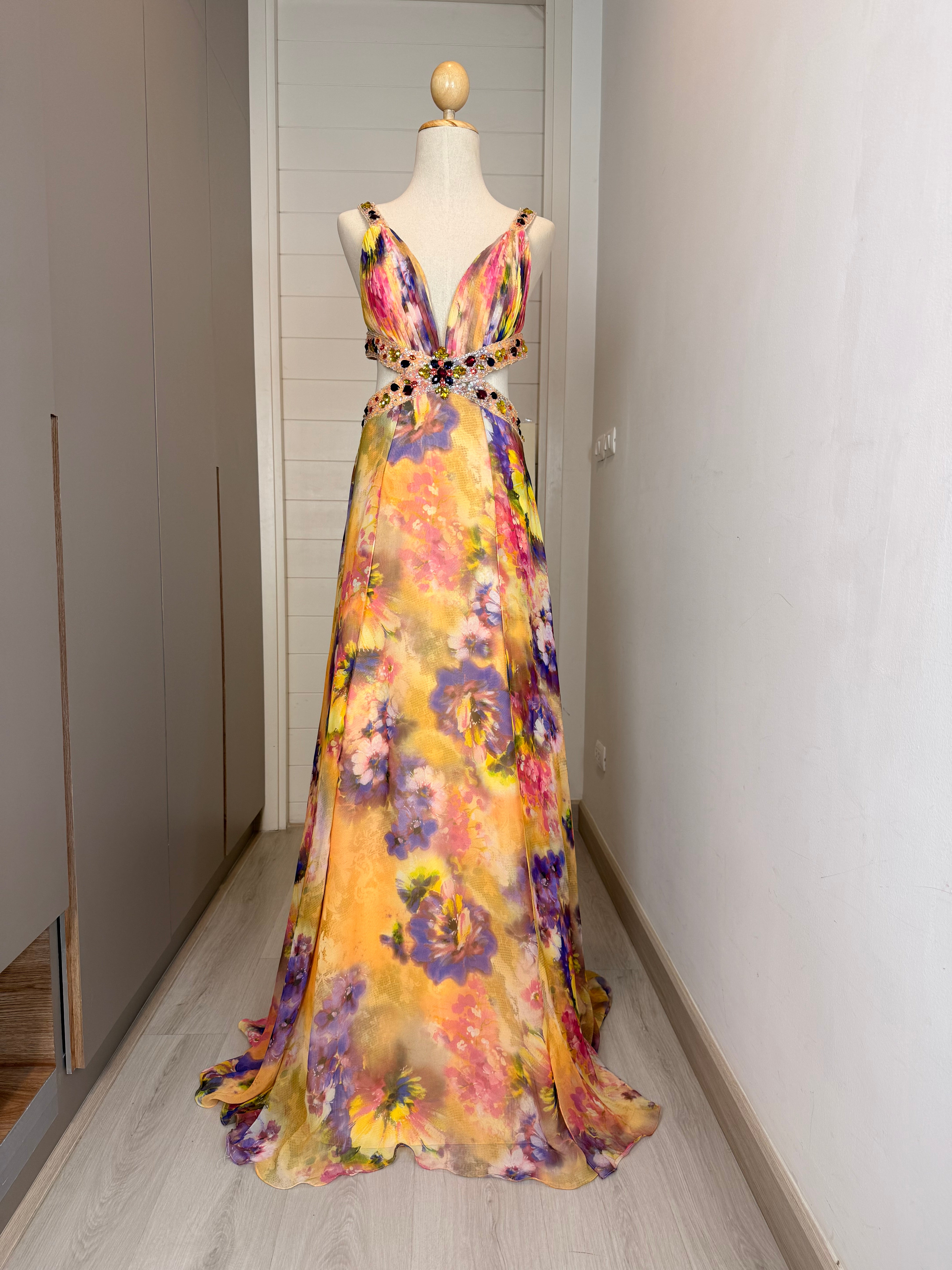 V325 Vintage Tony Bowls Paris Golden Bloom Crystal Cut-Out Gown (S)