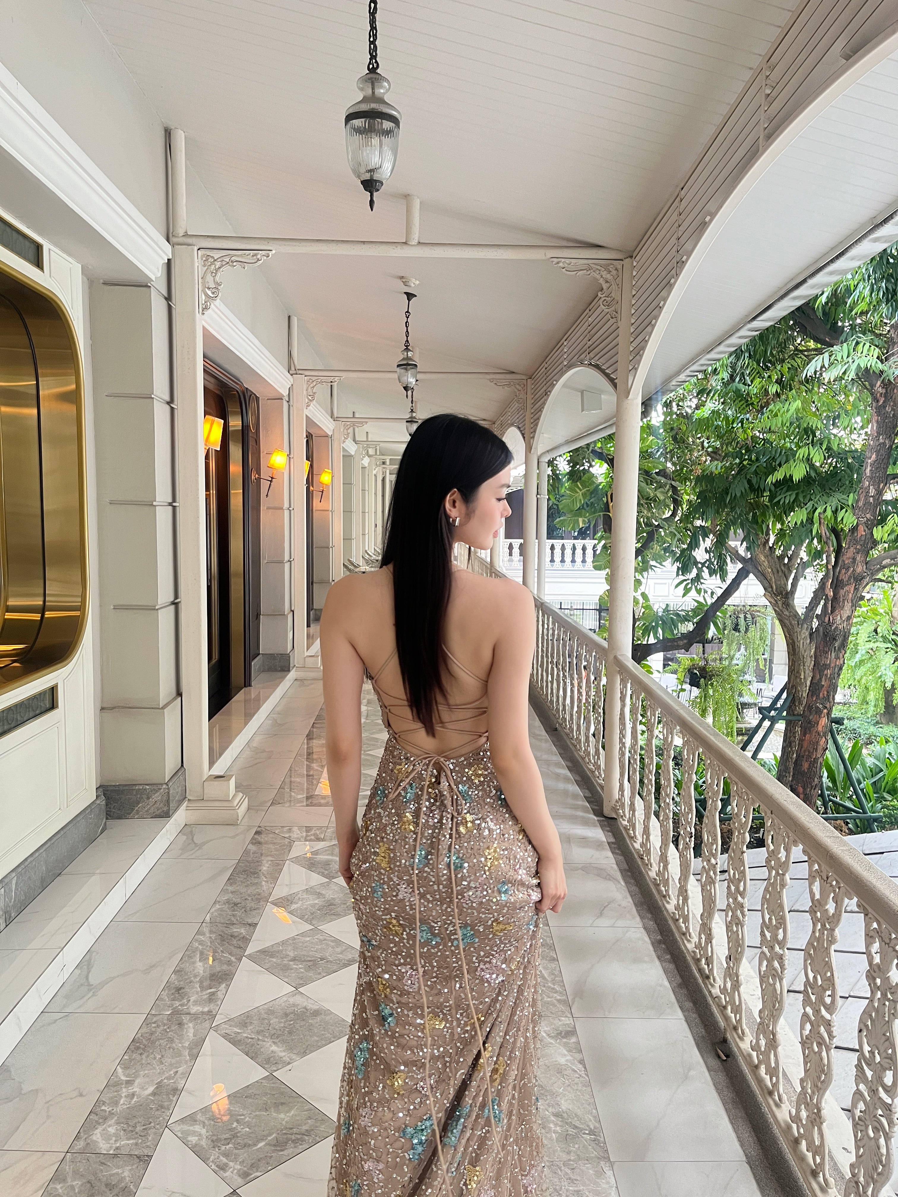 V265 New Design Primavera Couture Champagne Multi-Color Lace-Up Sequin Gown (XS–S)