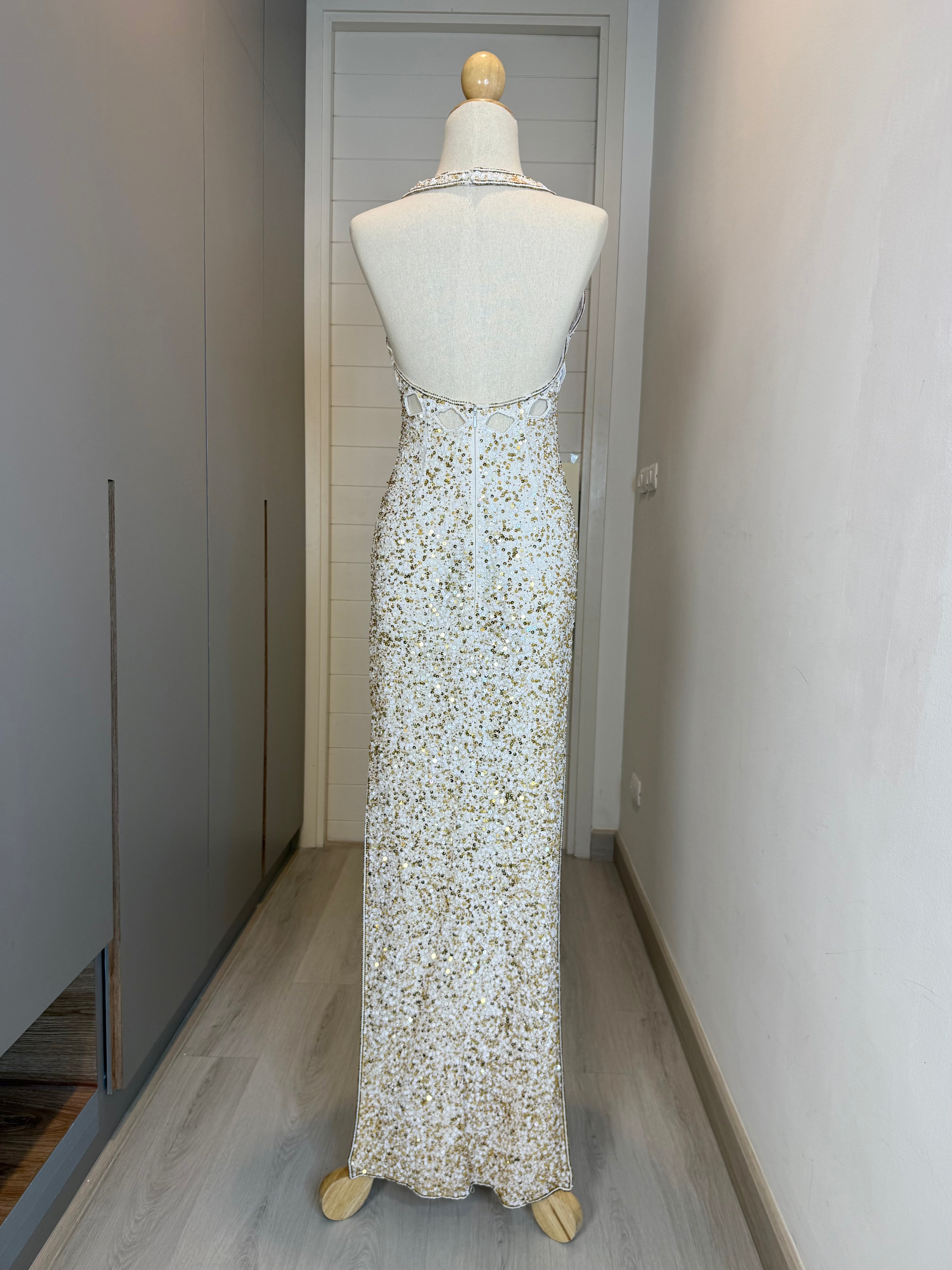 V250 Vintage Scala White & Gold Crystal Column Dress (XS)
