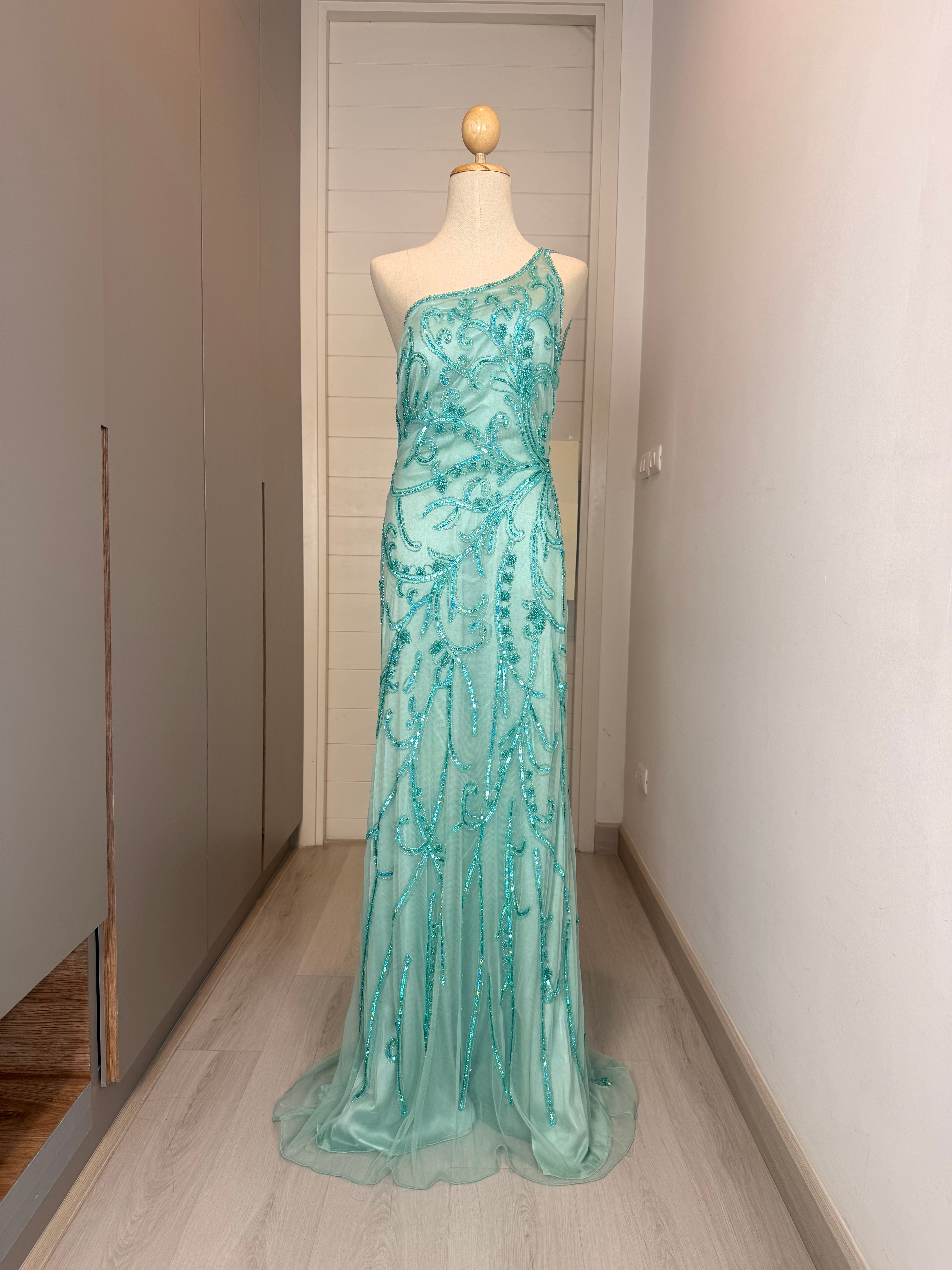 V317 Vintage Camille La Vie Seafoam Swirl Beaded One Shoulder Gown (S)