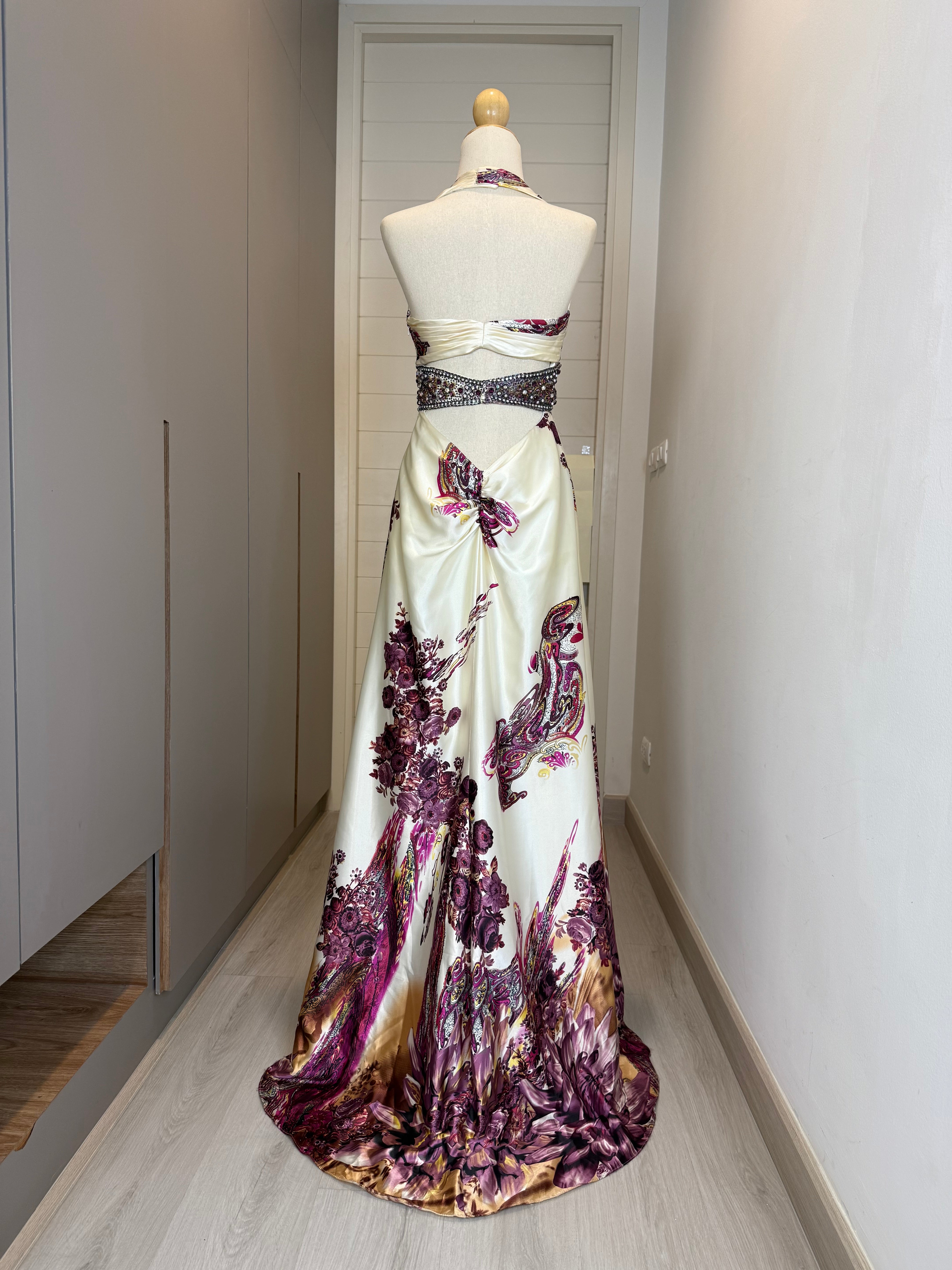 D21 Vintage Dave & Johnny Halter Gown – Lilac Floral Satin (XS-S)