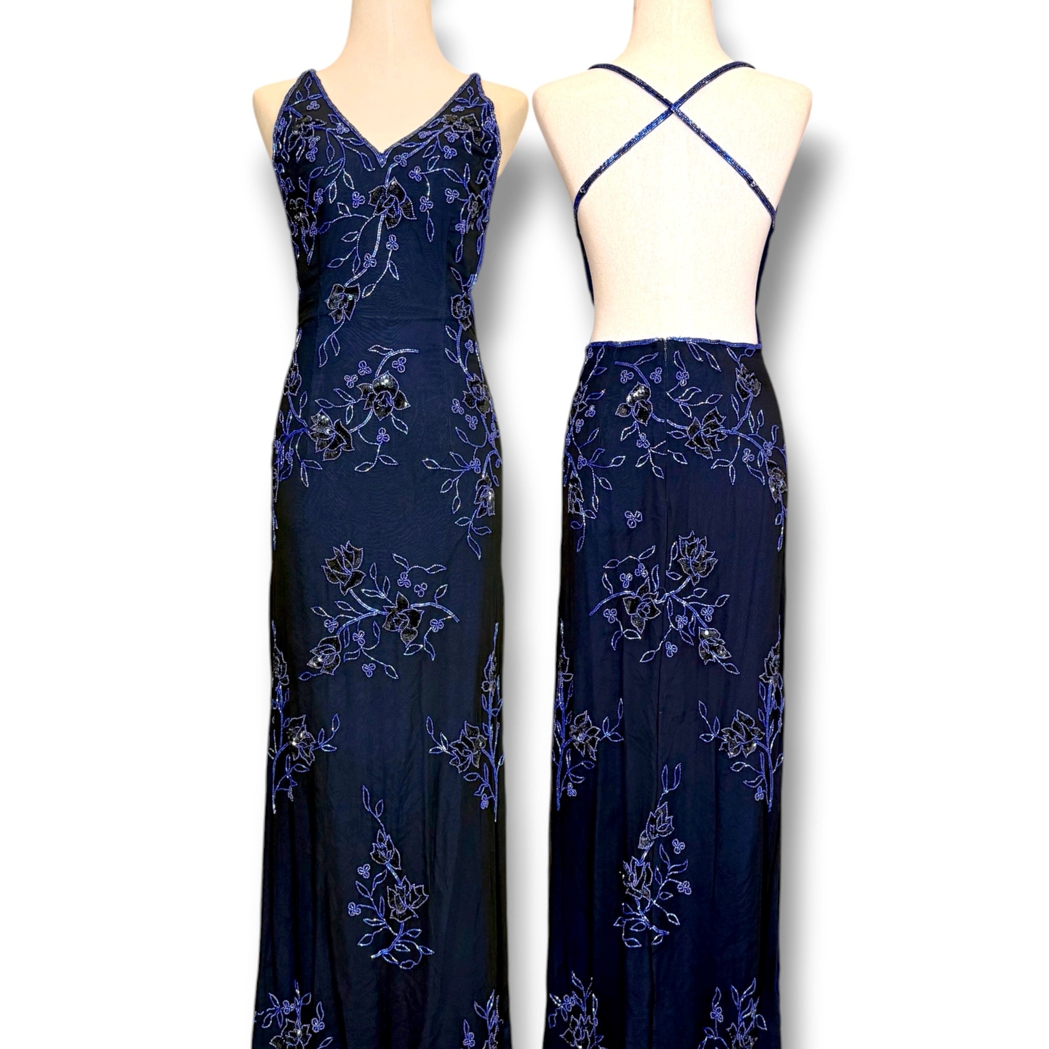 V316 Vintage Sean Collection Midnight Blue Floral Beaded Backless Gown (XS)