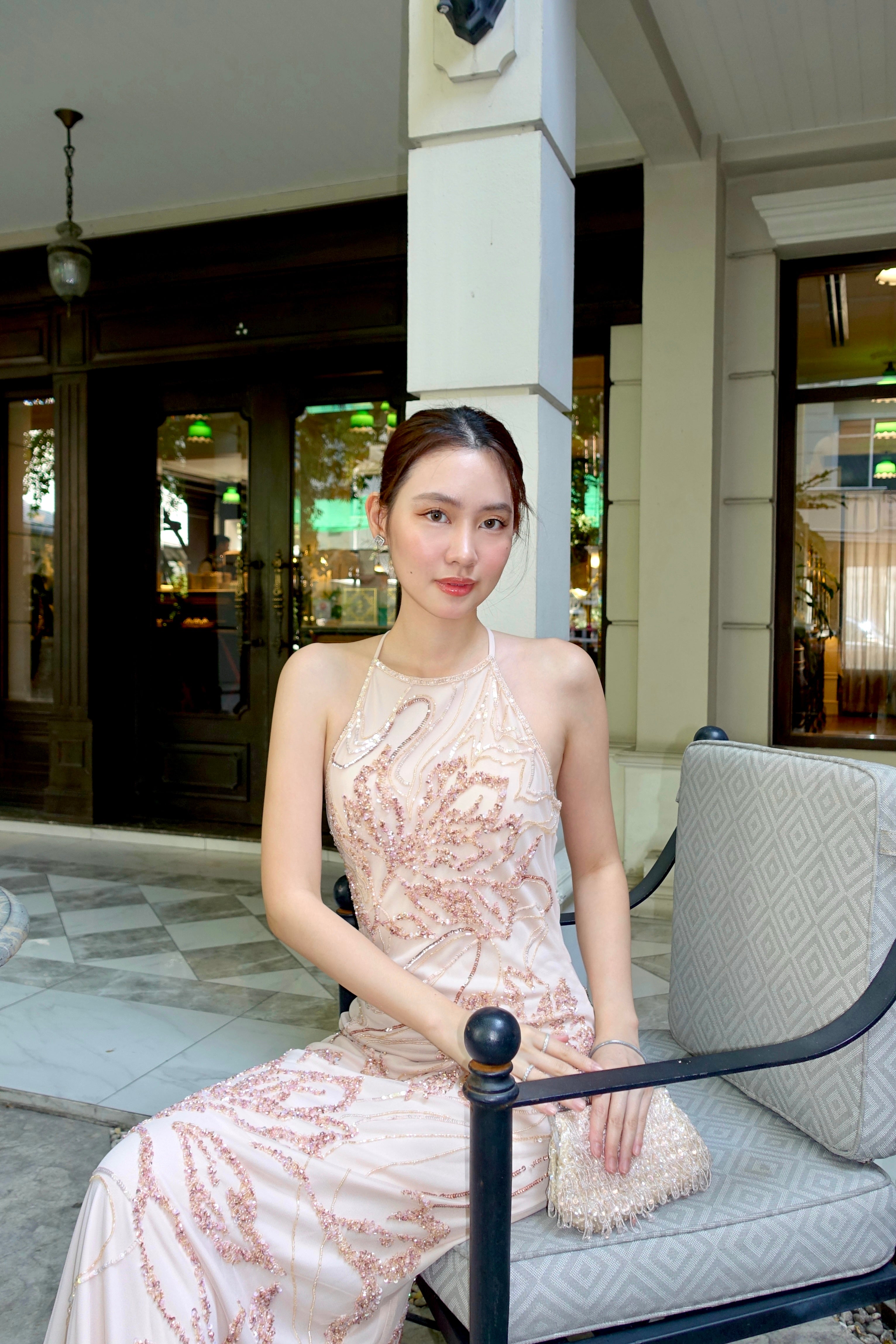V266 Vintage Rare Rosegold Floral Beaded Halter Gown (XS–S)