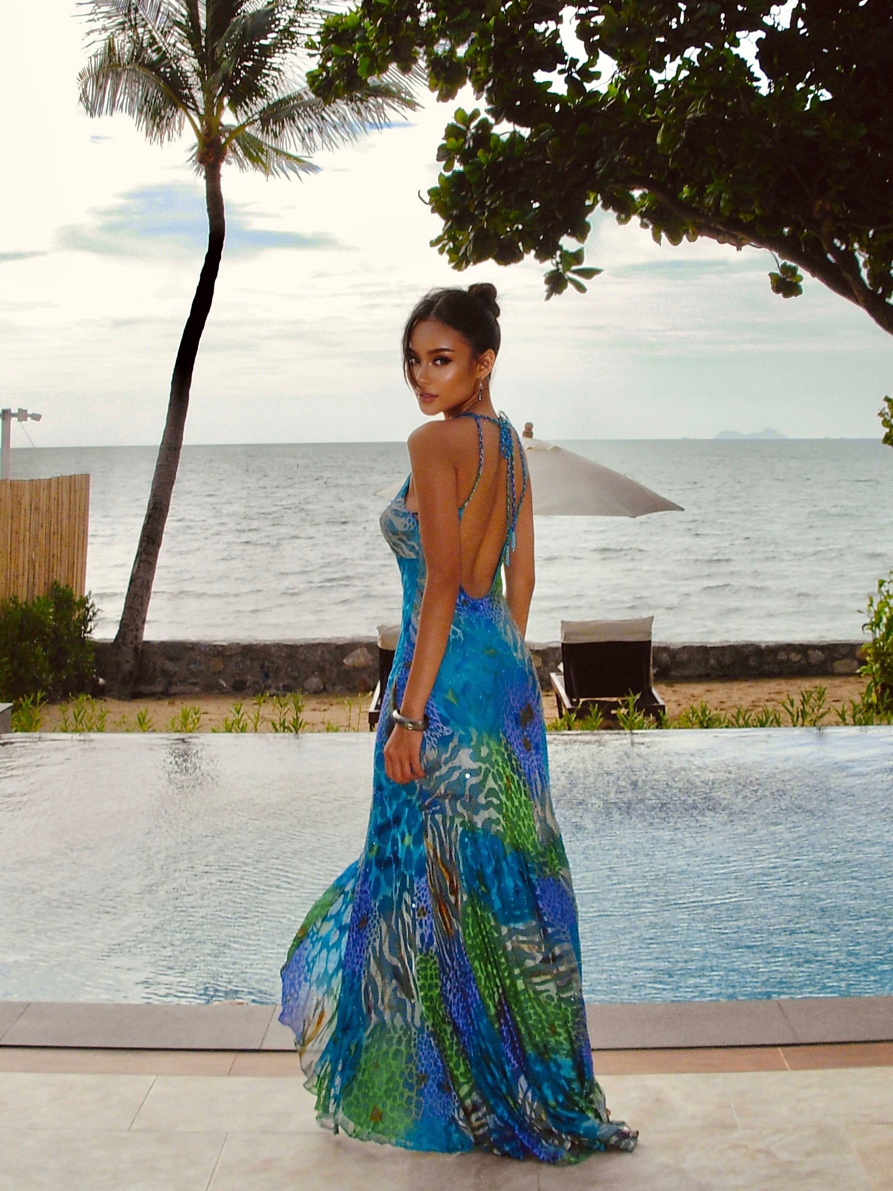 V58 Vintage Cache Teal Leopard Evening Gown (XS-S)