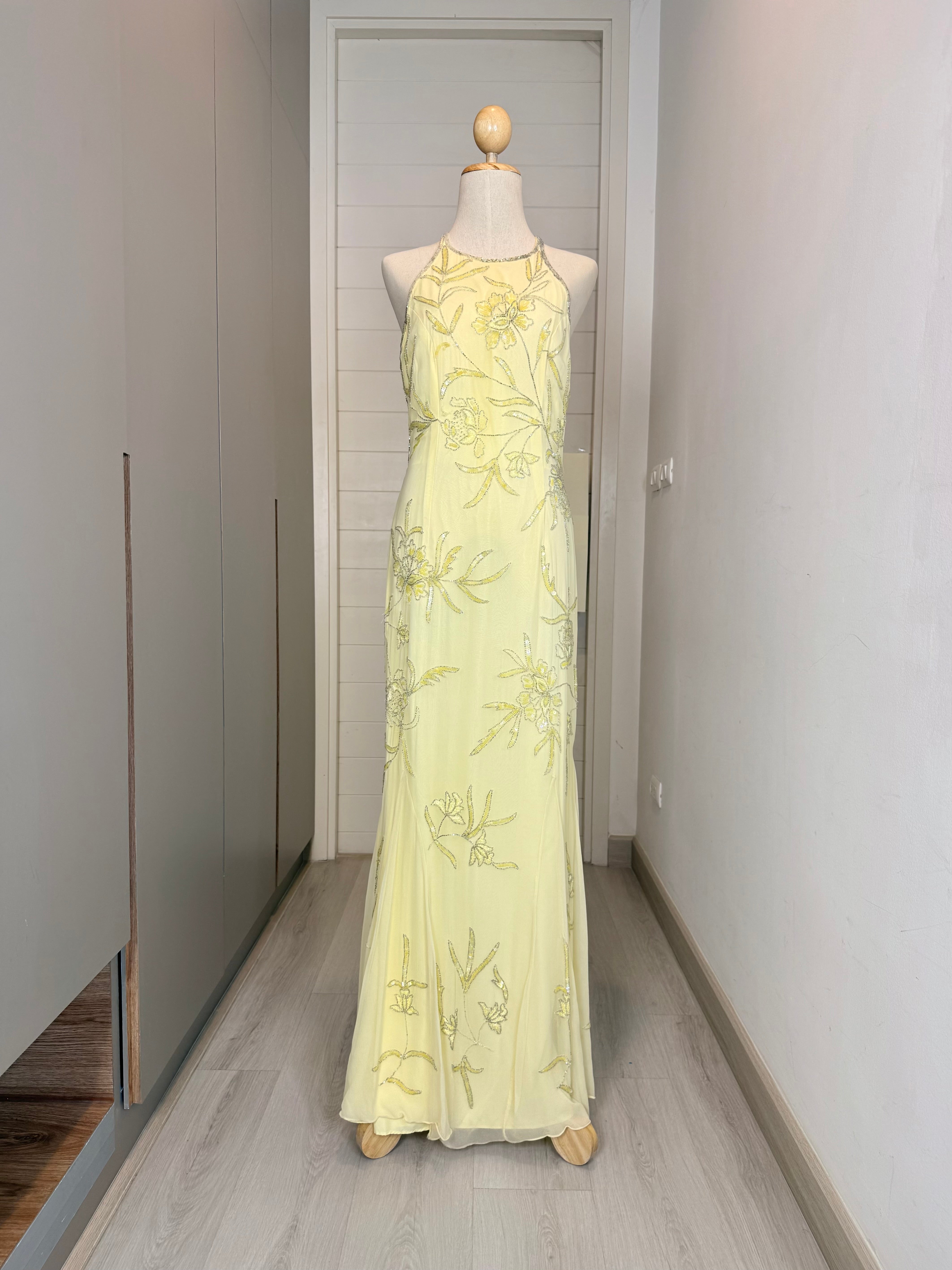 V309 Vintage Cache Butter Blossom Open Back Gown (M)