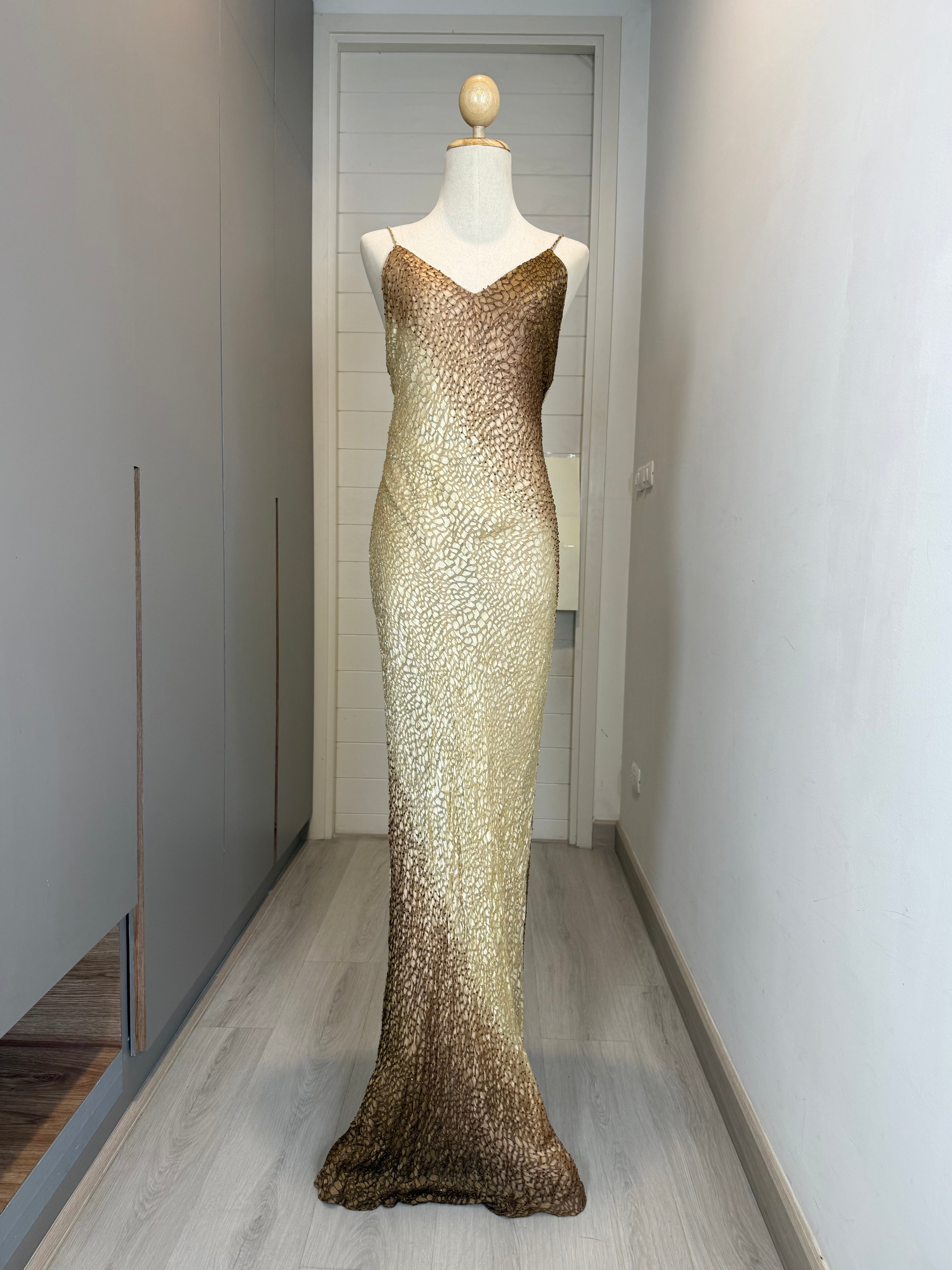 V294 Vintage Golden Mosaic Silk Gown (XS-S)