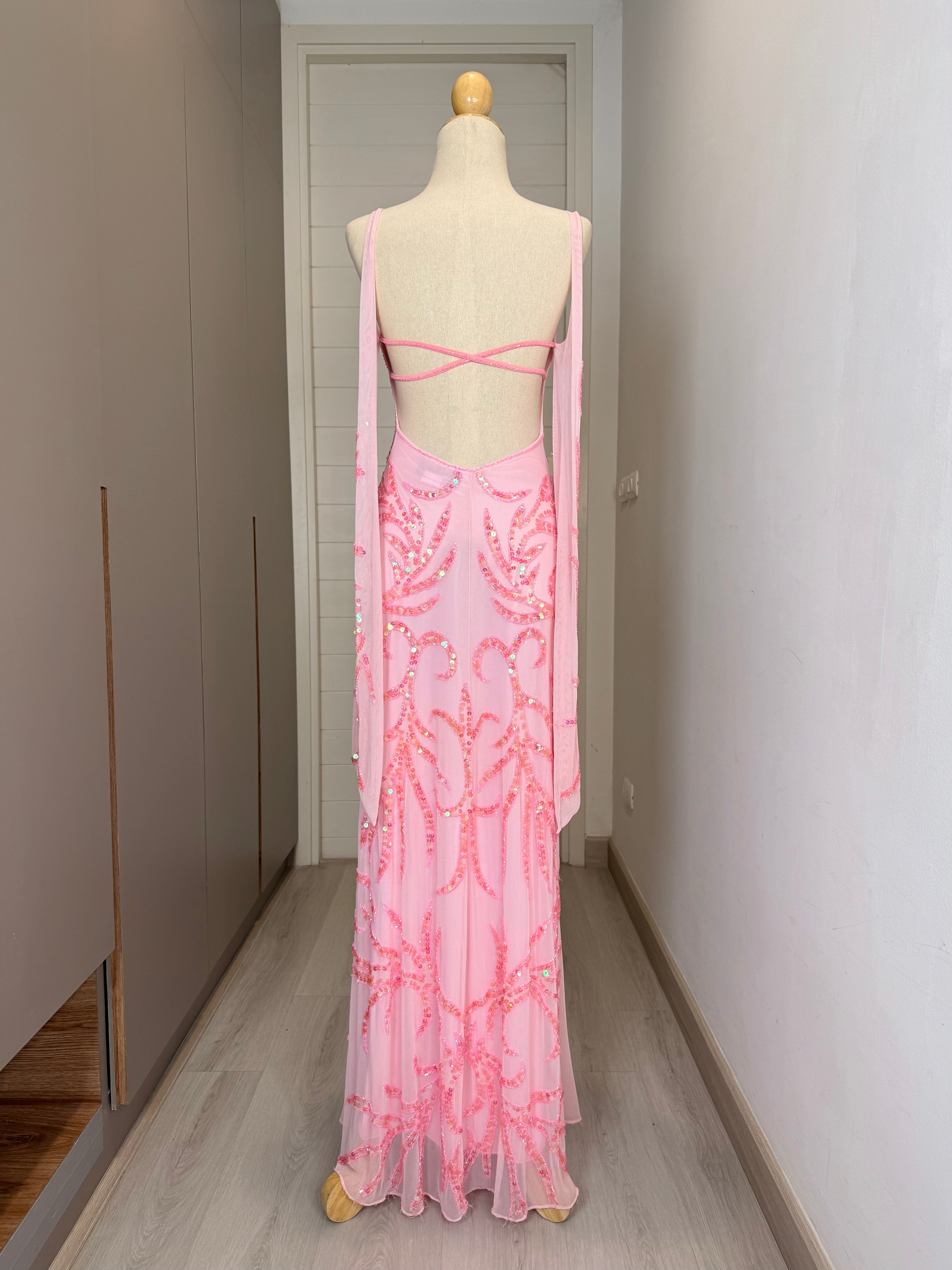 V301 Vintage Attitude by Debra Pink Stardust Beaded Gown (XS–S)