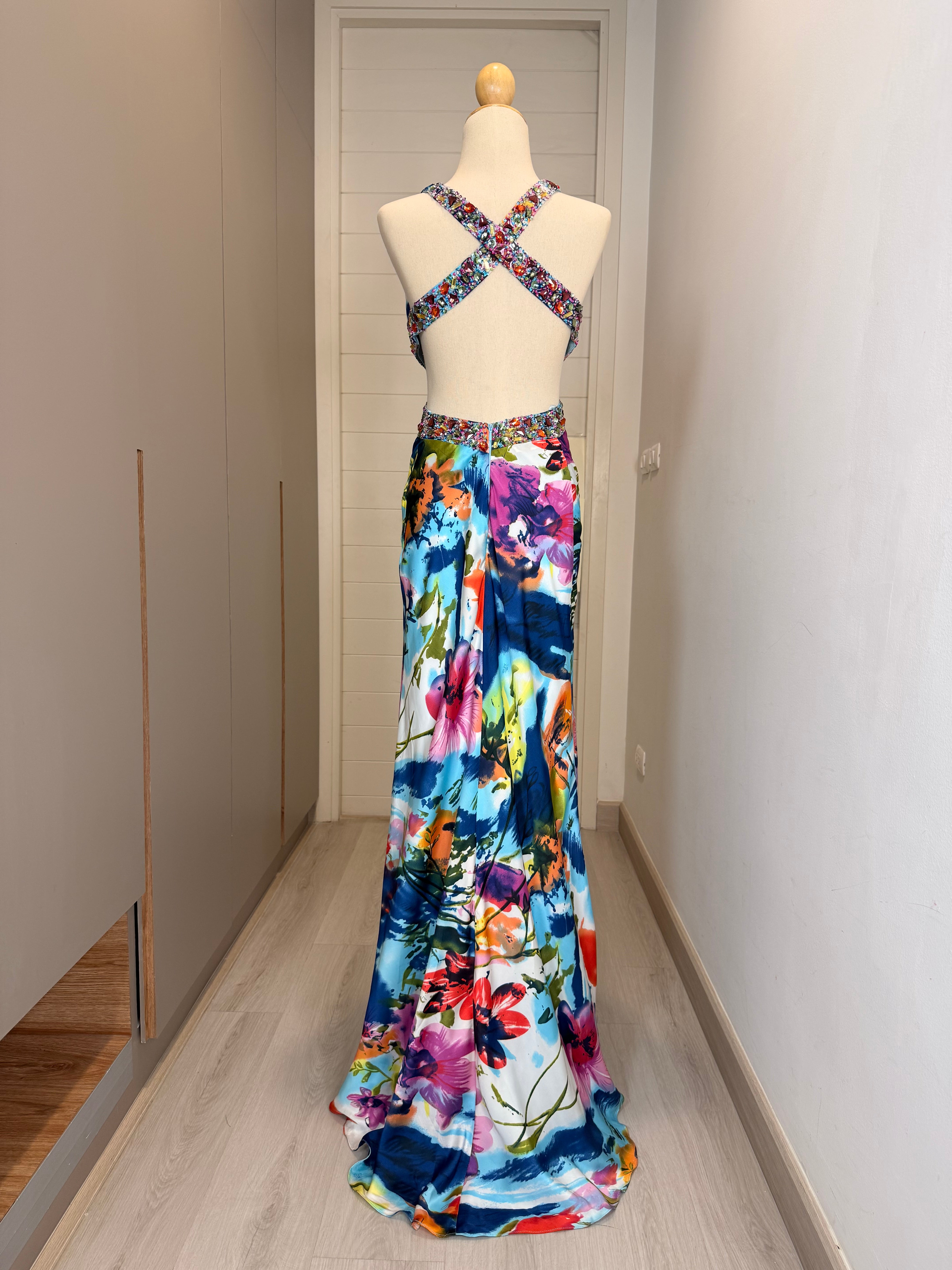 V277 Vintage Blue Blossom Crystal Cutout Gown (XS)