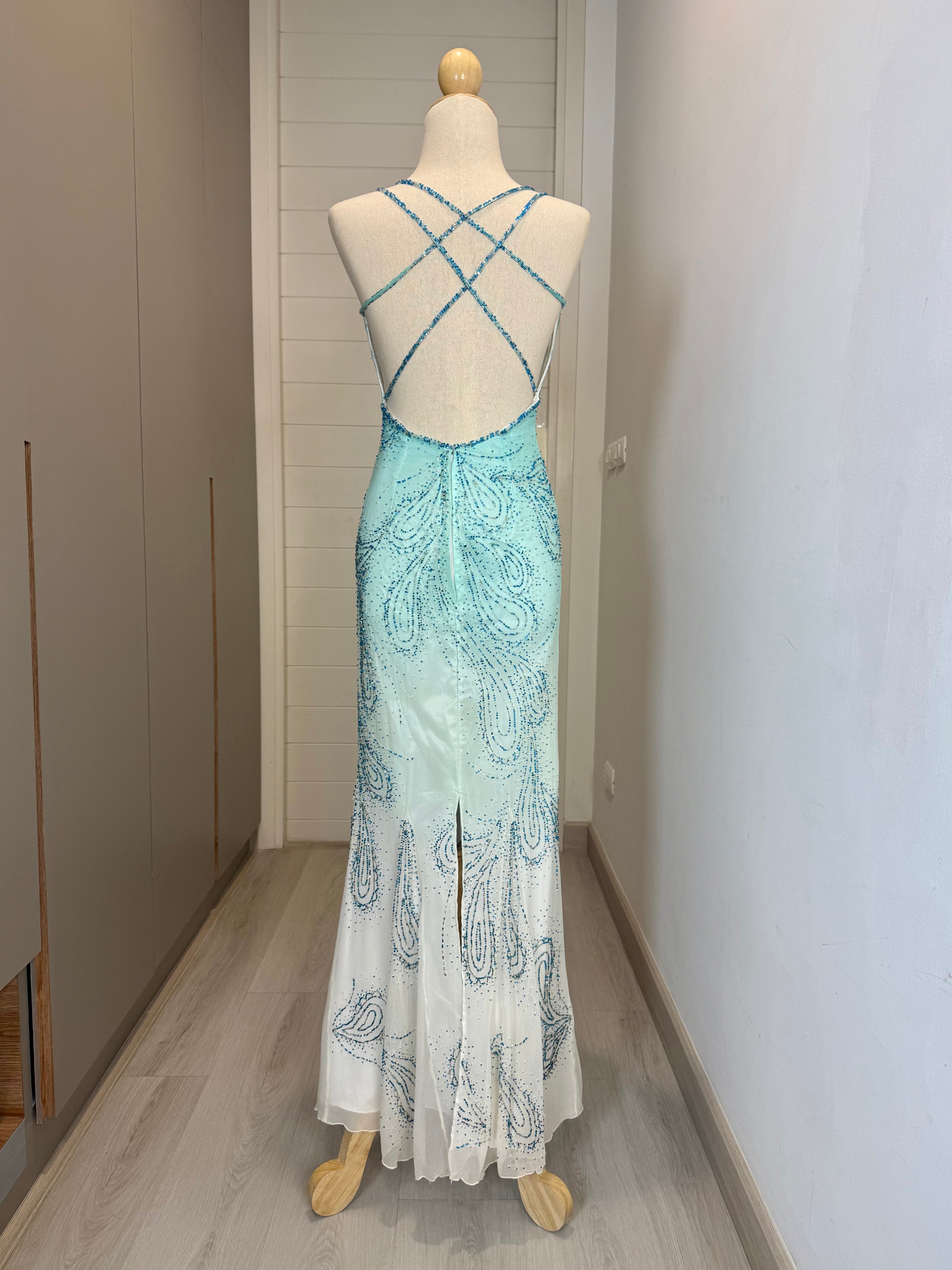 V252 Vintage Glacier Glow Crisscross Back Gown (XS) *ตัดความยาวพิเศษสำหรับสาว Petite*
