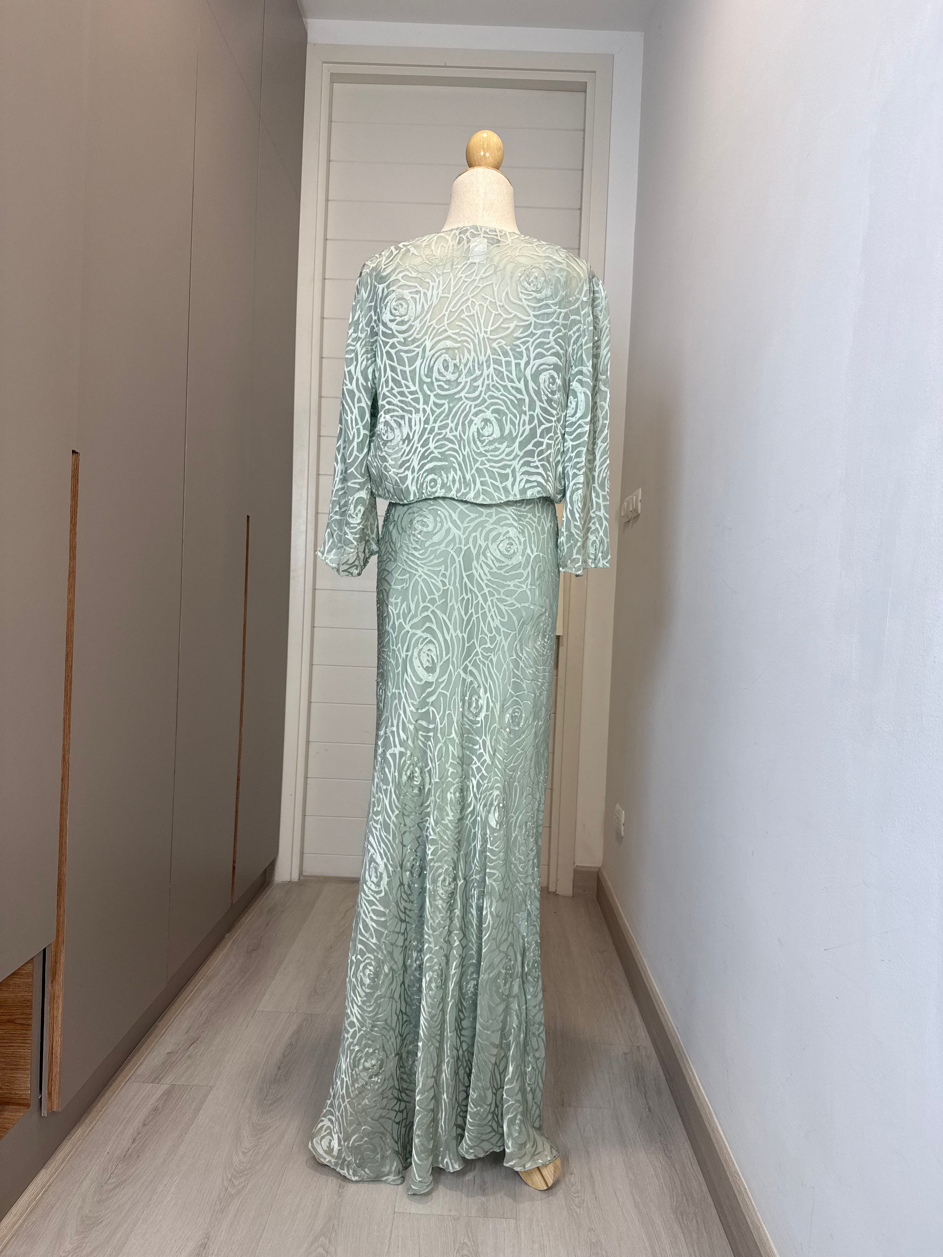V211 Vintage Alex Evenings Mint Rose Sheer Gown (L-XL)