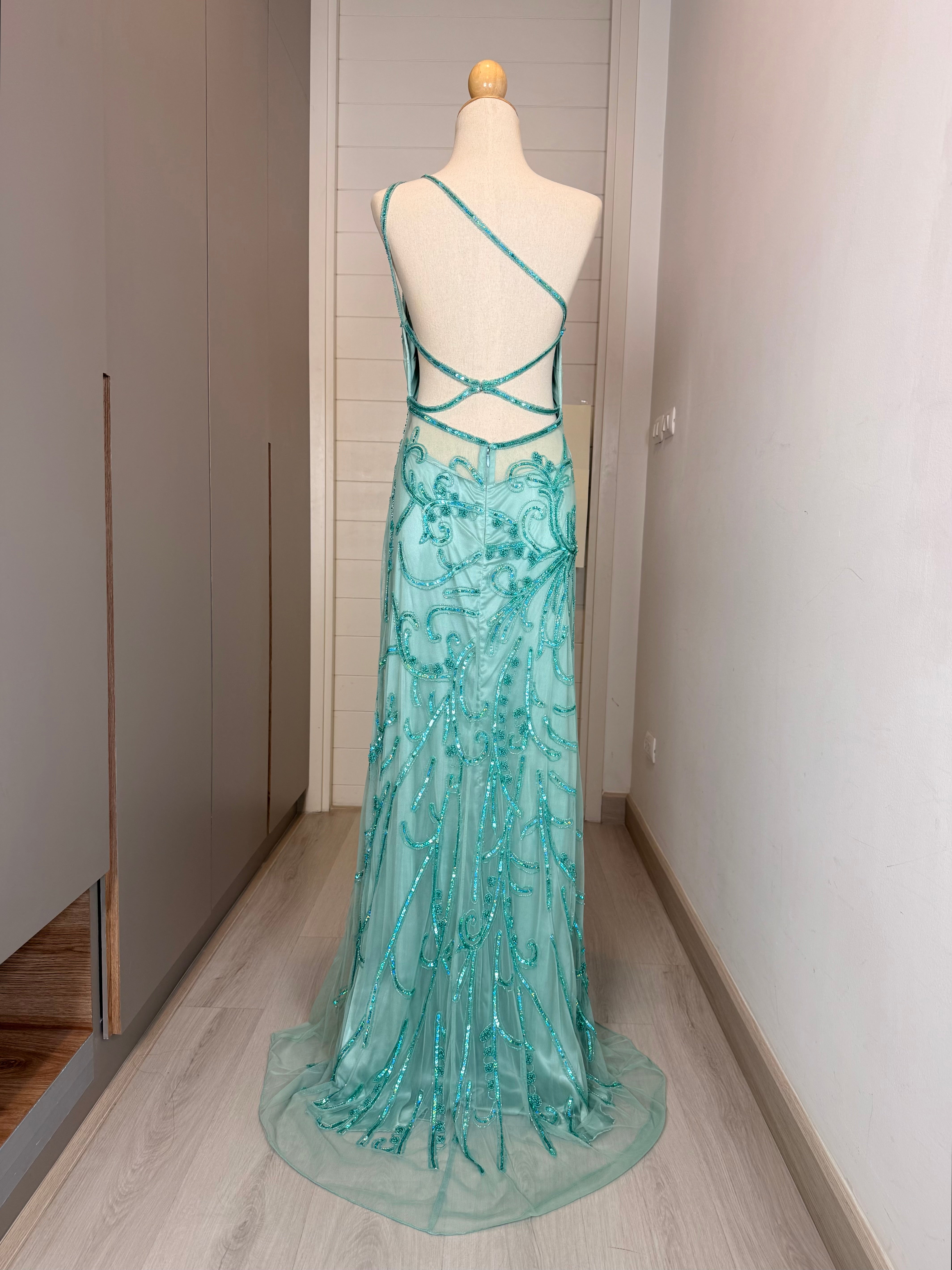 V317 Vintage Camille La Vie Seafoam Swirl Beaded One Shoulder Gown (S)