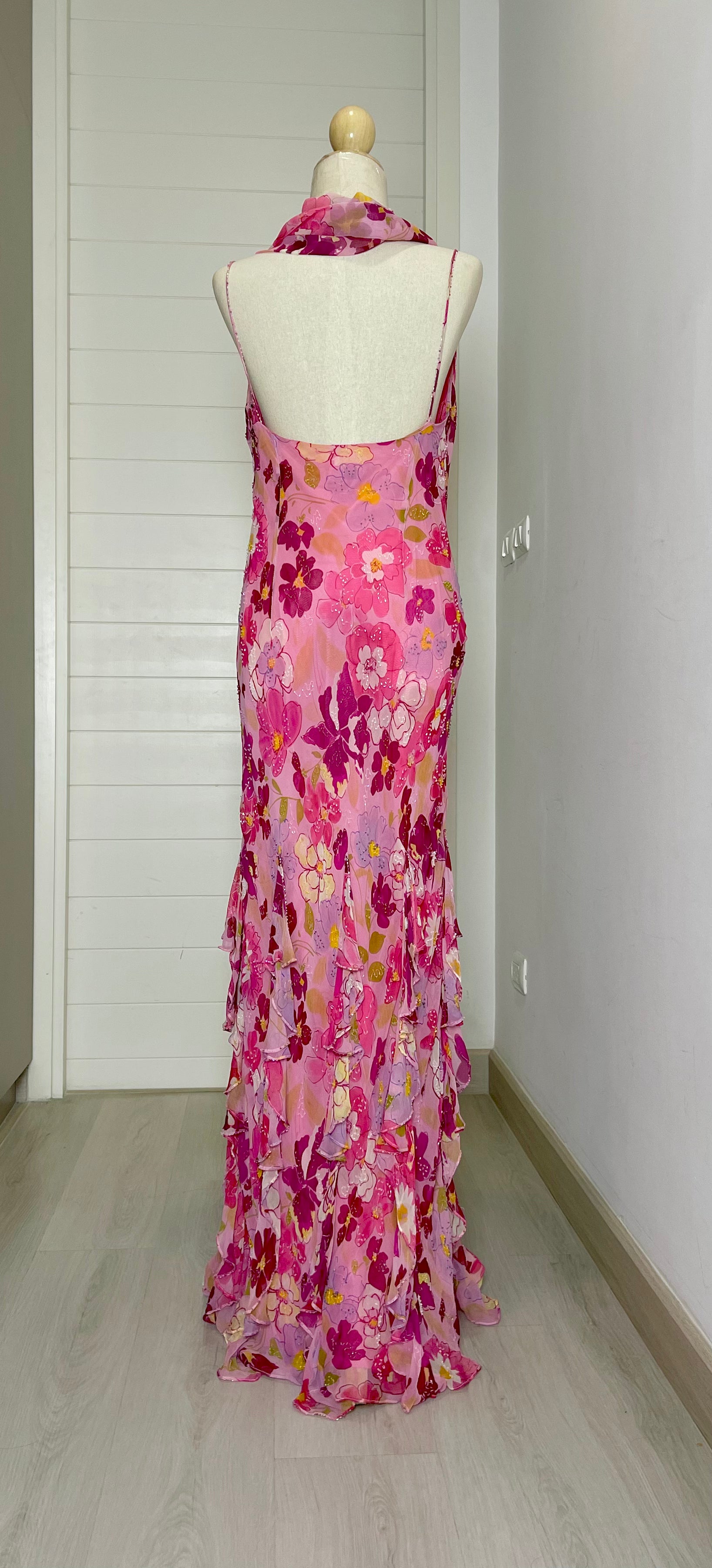 F02 Vintage Pink Floral Evening Dress (S-M) *ปิดการเช่าแล้ว*