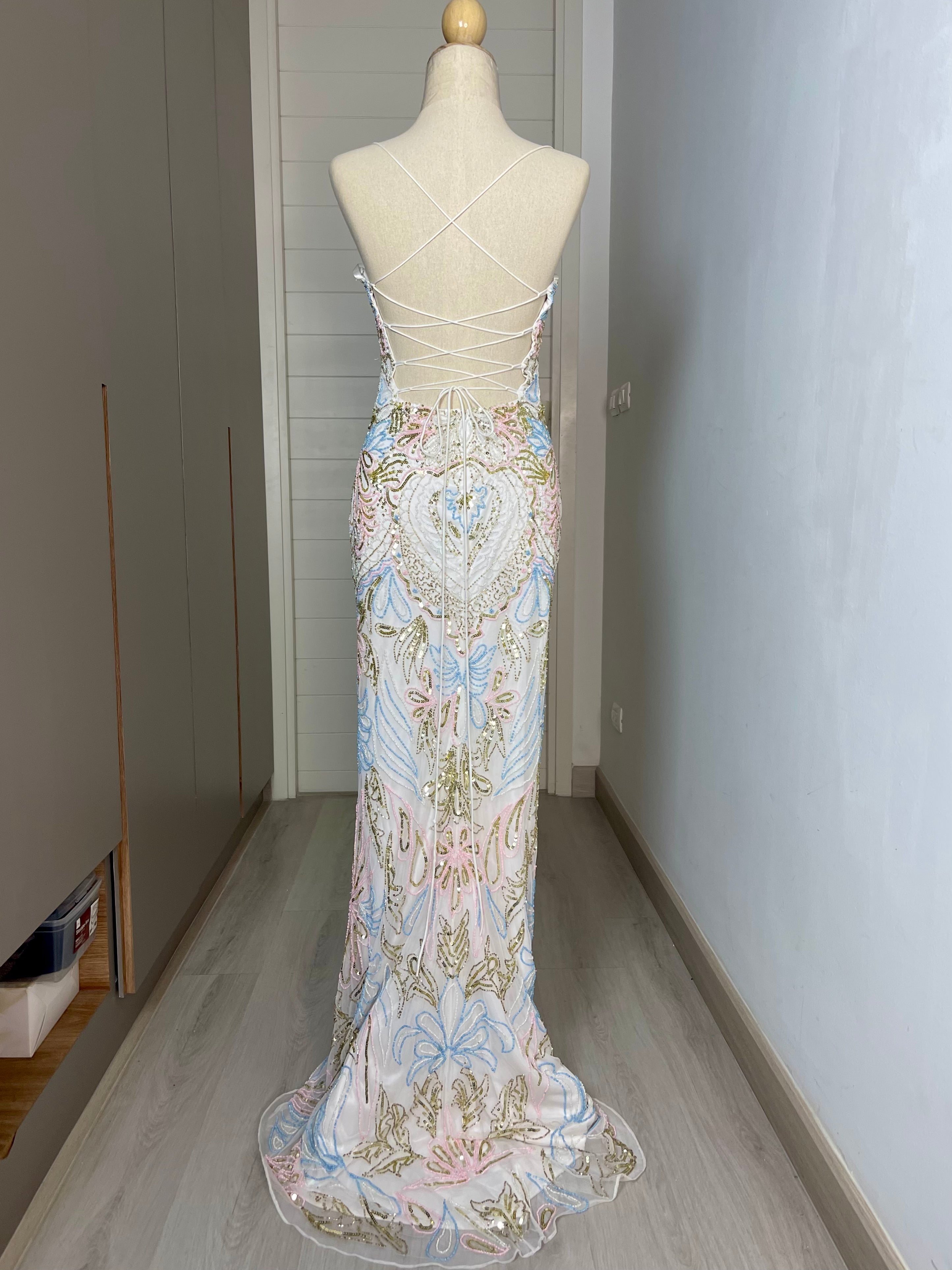 P02 Primavera White Pastel Evening Gown (XS)