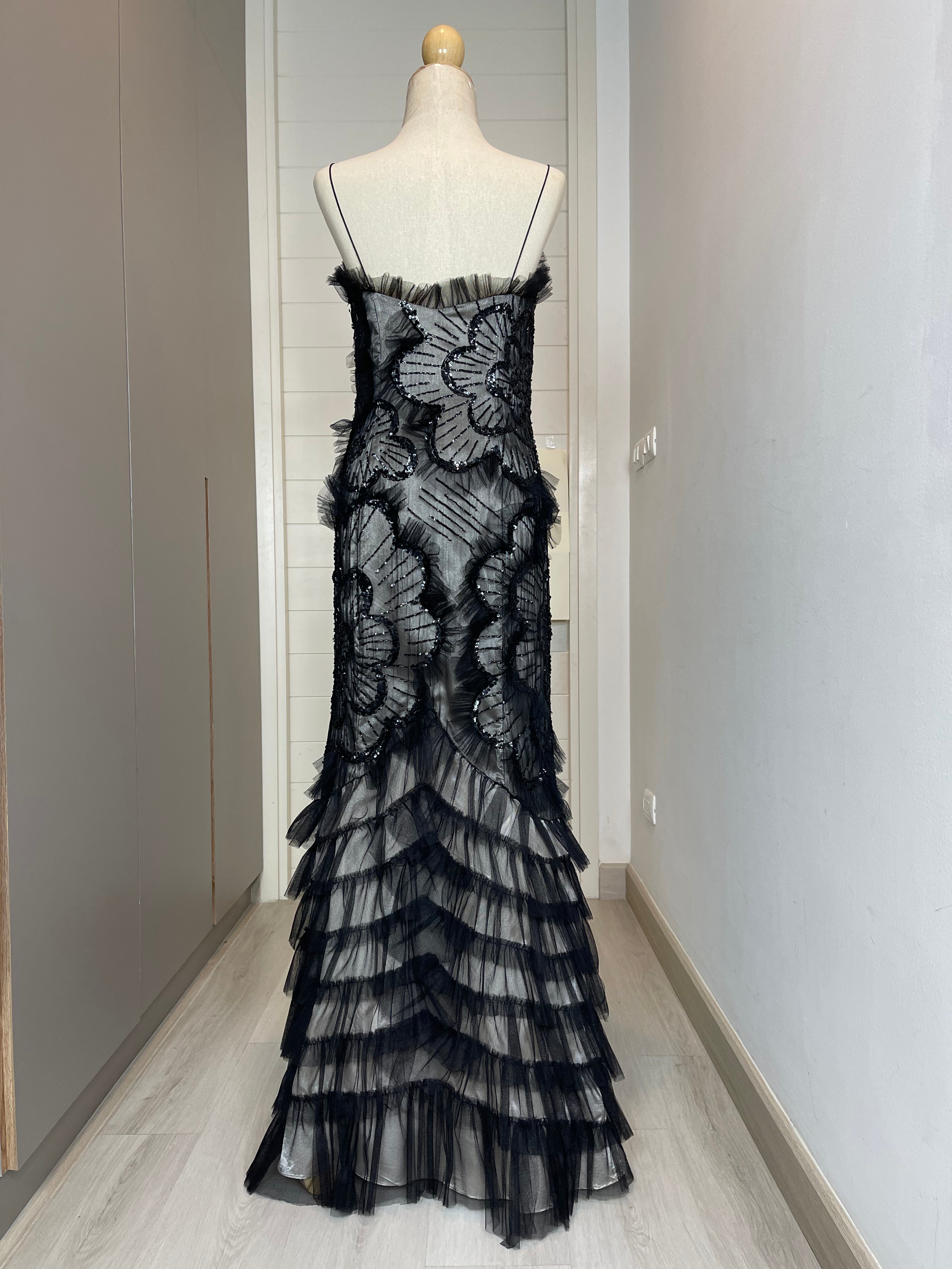 V33 Vintage Alyce Designs Black Floral Evening Gown (S-M)