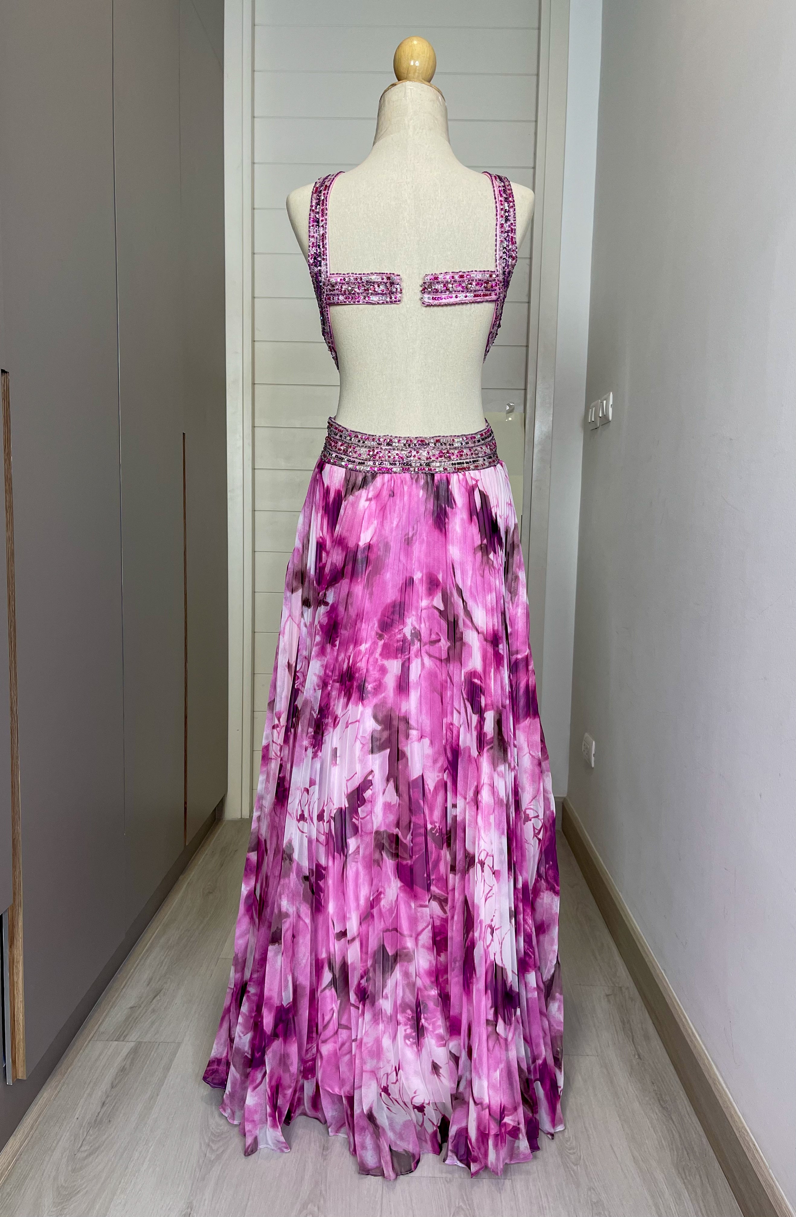 D06 Dave & Johnny Pink Floral Evening Gown (XS-S)