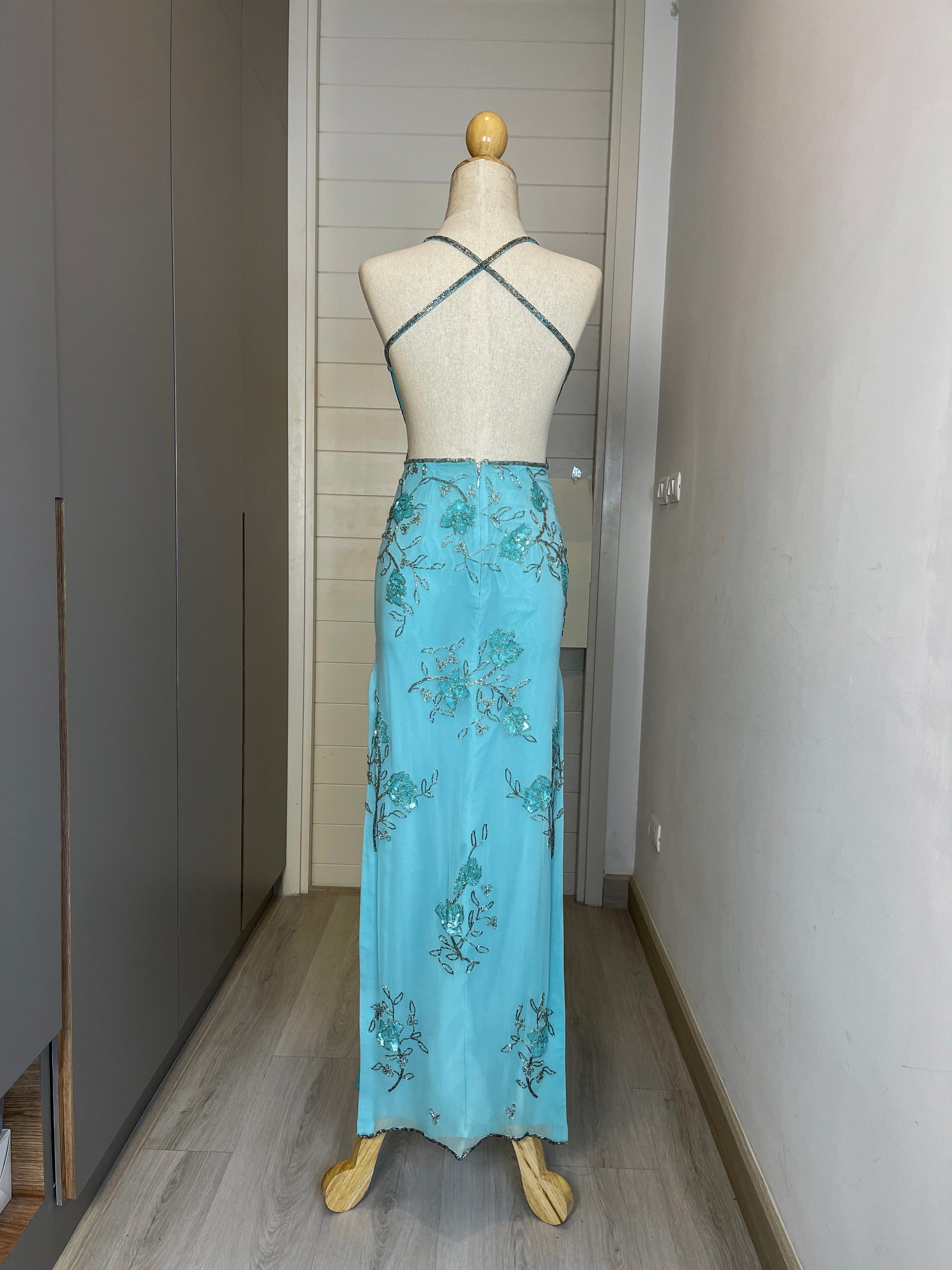 V08 Vintage David's Bridal Blue Evening Gown (XS)