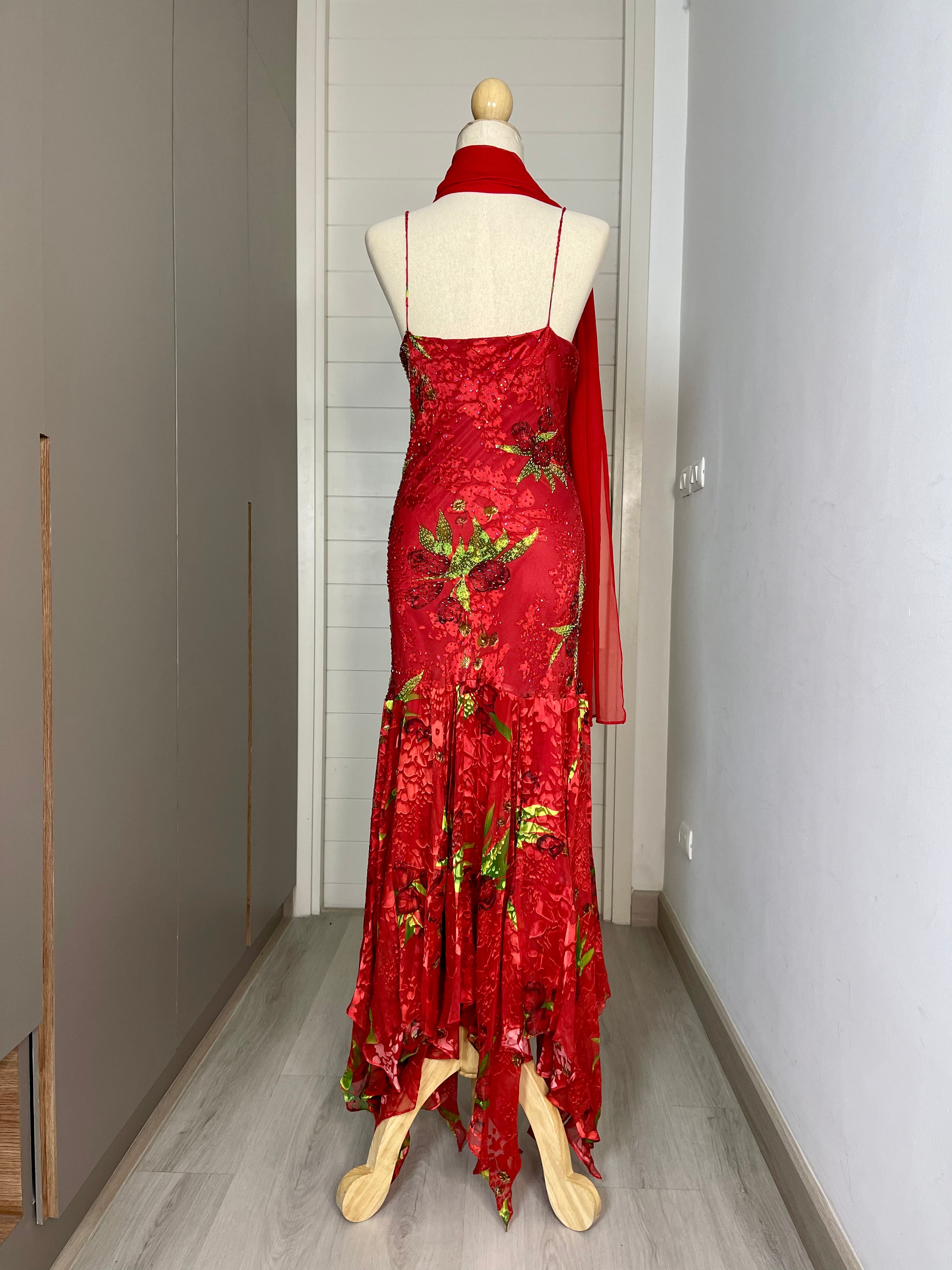 V37 Vintage YVE London Silk Red & Green Evening Gown (S-M)